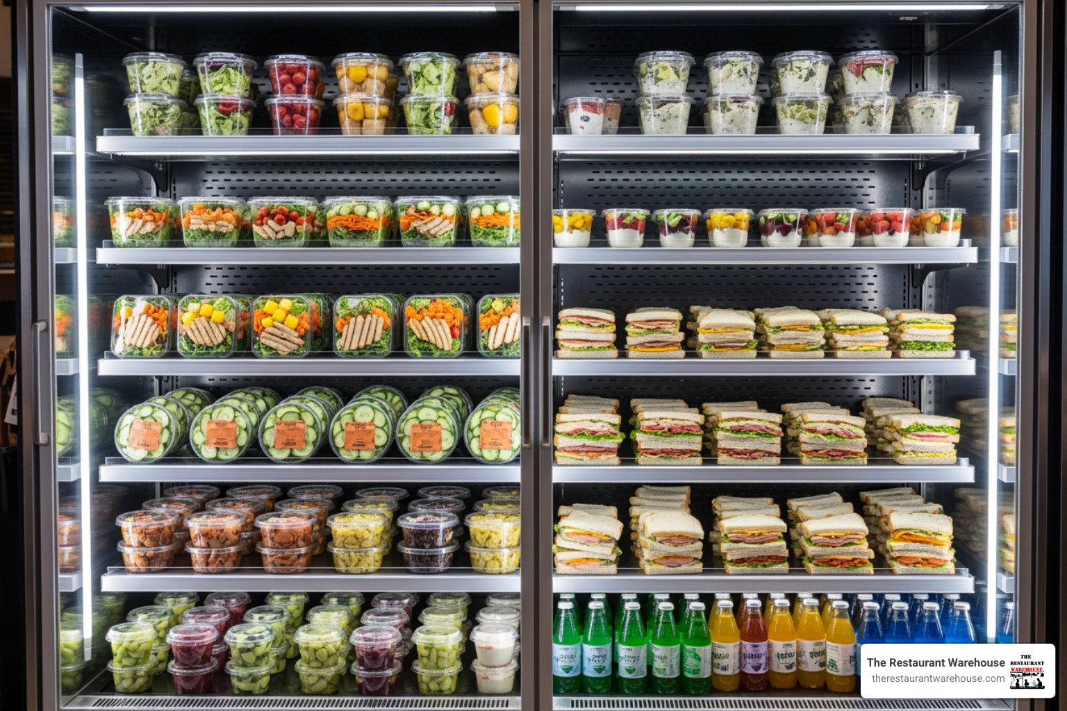 A vertical open air merchandiser brightly lit with LED lights, showcasing neatly arranged, colorful pre-packaged salads and sandwiches on adjustable shelves, with reflective glass side panels enhancing the display. - Open air merchandiser