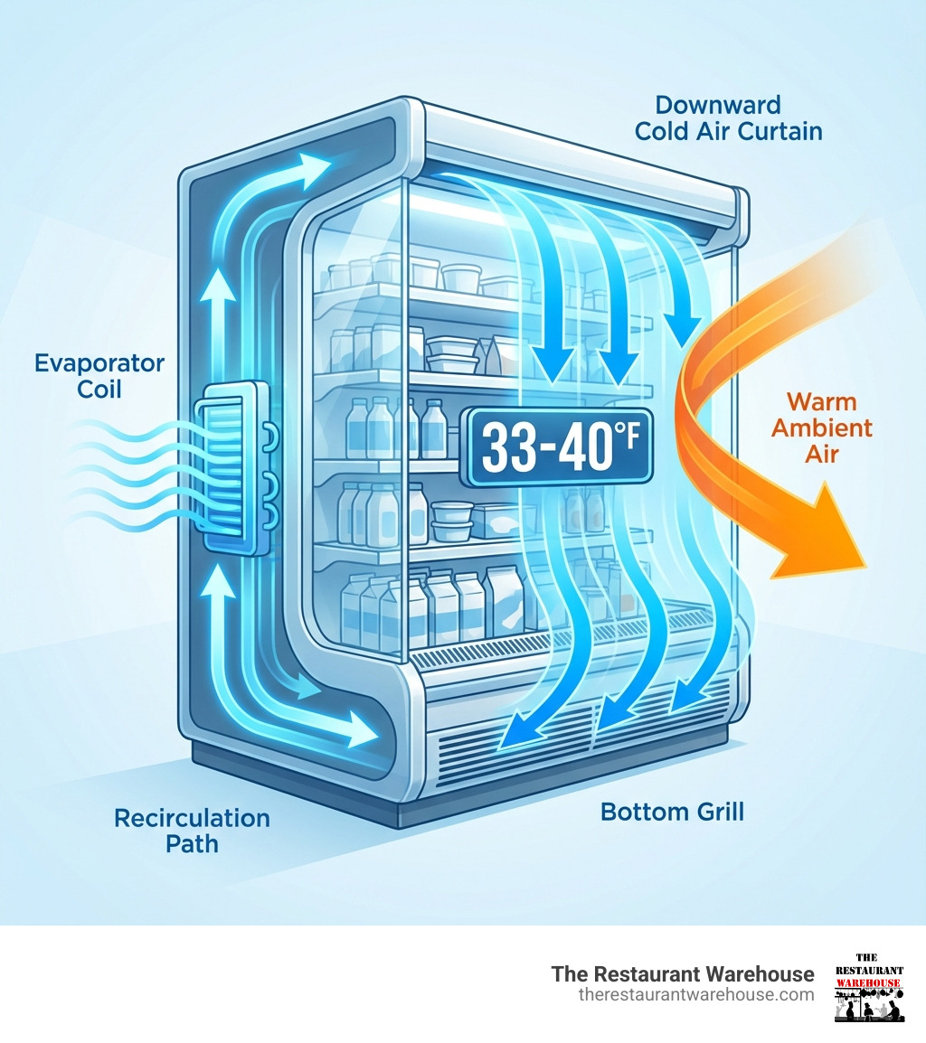 Infographic showing the components and airflow pattern of an open air merchandiser: cold air flows from the back through the evaporator coil, creates a downward curtain across the front opening, returns through the bottom grill, and recirculates to maintain 33-40°F temperature while blocking warm ambient air from entering the display area - Open air merchandiser infographic 