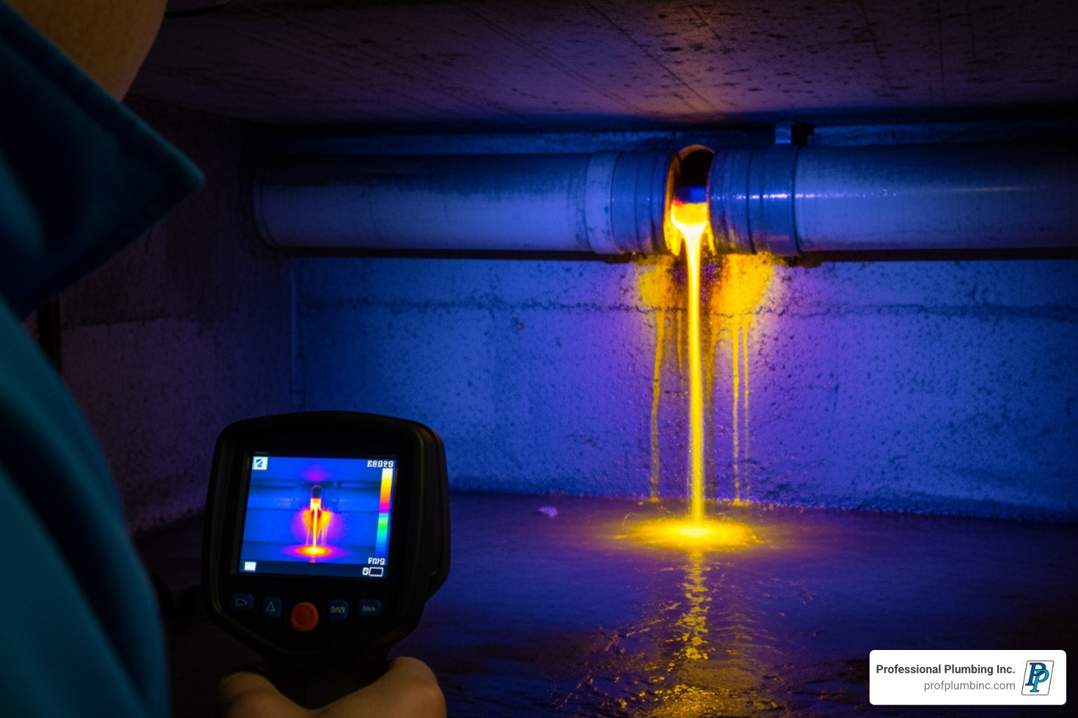 A skilled Professional Plumbing Inc. technician uses a thermal imaging camera to scan a clean, intact wall in a Huntington Beach home. The camera's screen overlays a false-color thermal image on the wall, clearly showing a bright yellow "hot spot" indicating the exact location of a hidden hot water pipe leak, while the surrounding wall remains cool and blue. - Thermal imaging leak detection