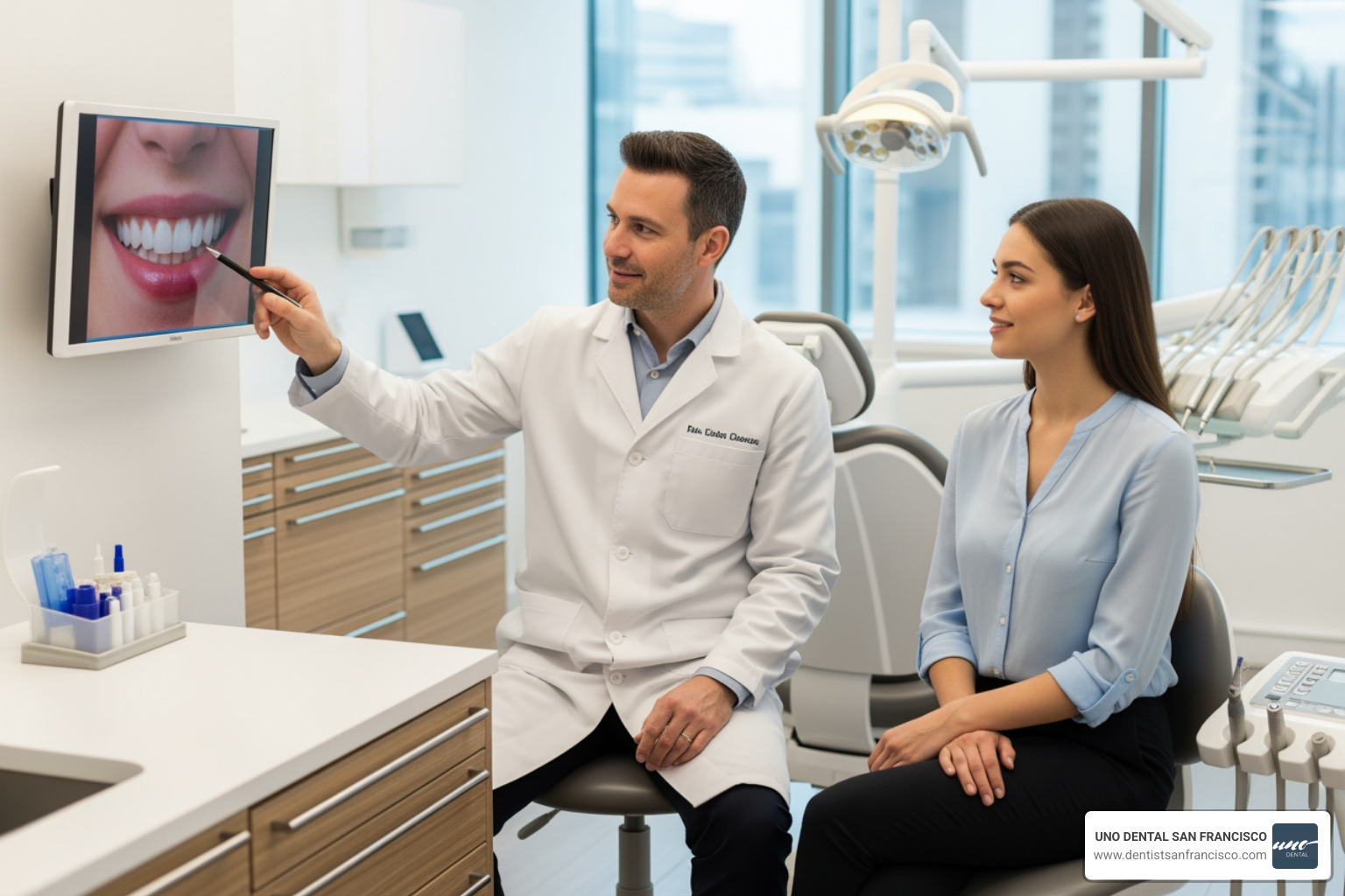 Image of a dentist consulting with a patient about their smile - cleaning and bleaching teeth cost Image of a dentist consulting with a patient about their smile - cleaning and bleaching teeth cost
