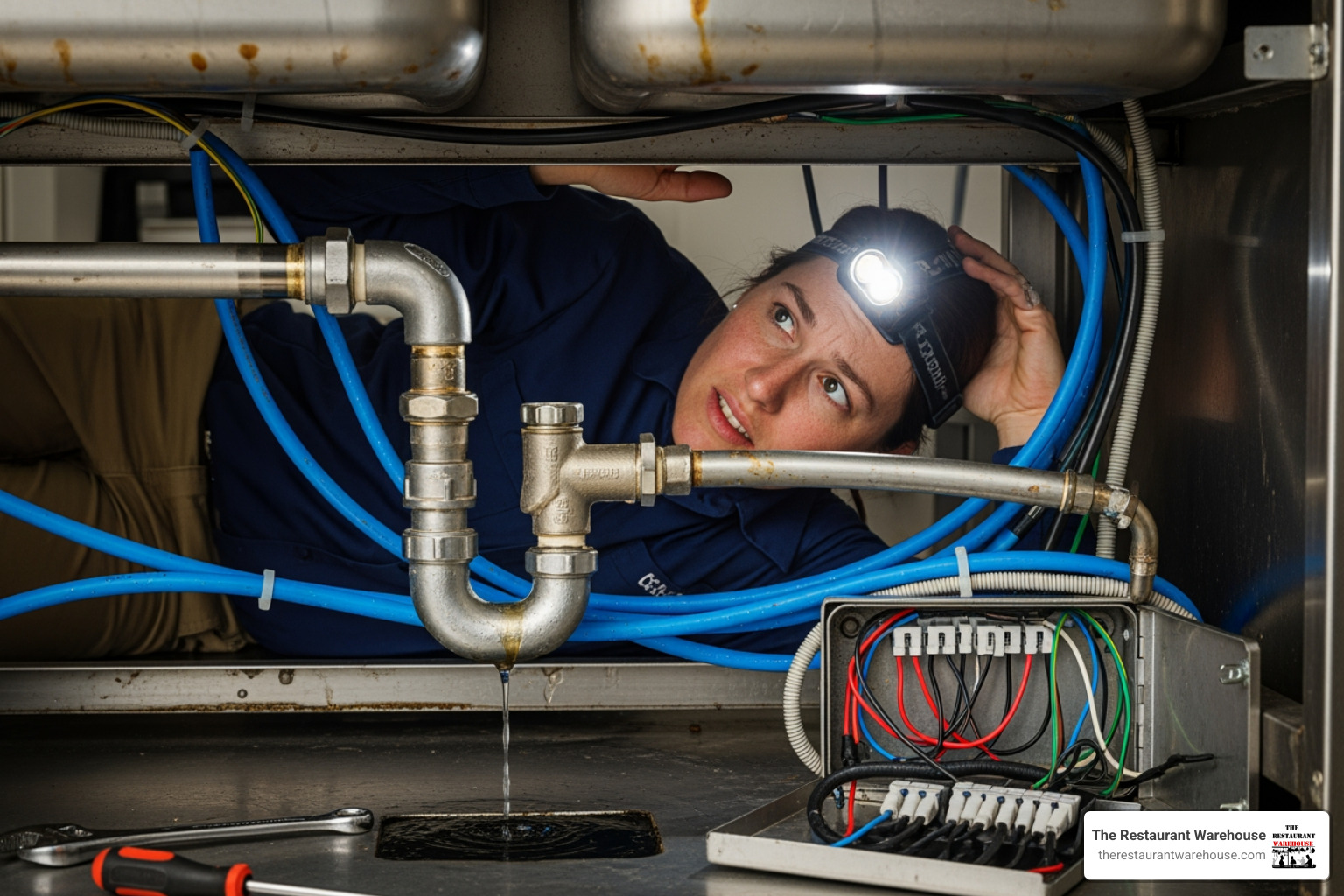 Person inspecting plumbing and wiring under a food cart sink - 2nd hand food cart for sale Person inspecting plumbing and wiring under a food cart sink - 2nd hand food cart for sale