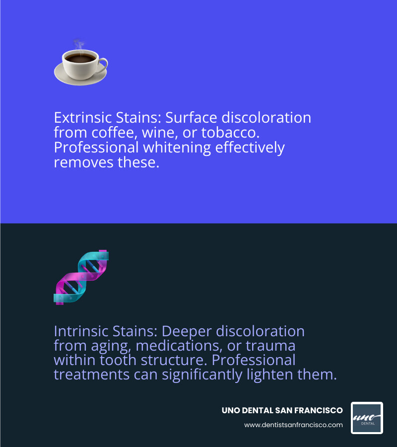 Infographic showing the difference between extrinsic stains (coffee, wine, tobacco on tooth surface) and intrinsic stains (aging, medications, trauma within tooth structure), with professional whitening solutions for each type - teeth whitening deals sf infographic 2_facts_emoji_blue Infographic showing the difference between extrinsic stains (coffee, wine, tobacco on tooth surface) and intrinsic stains (aging, medications, trauma within tooth structure), with professional whitening solutions for each type - teeth whitening deals sf infographic 2_facts_emoji_blue