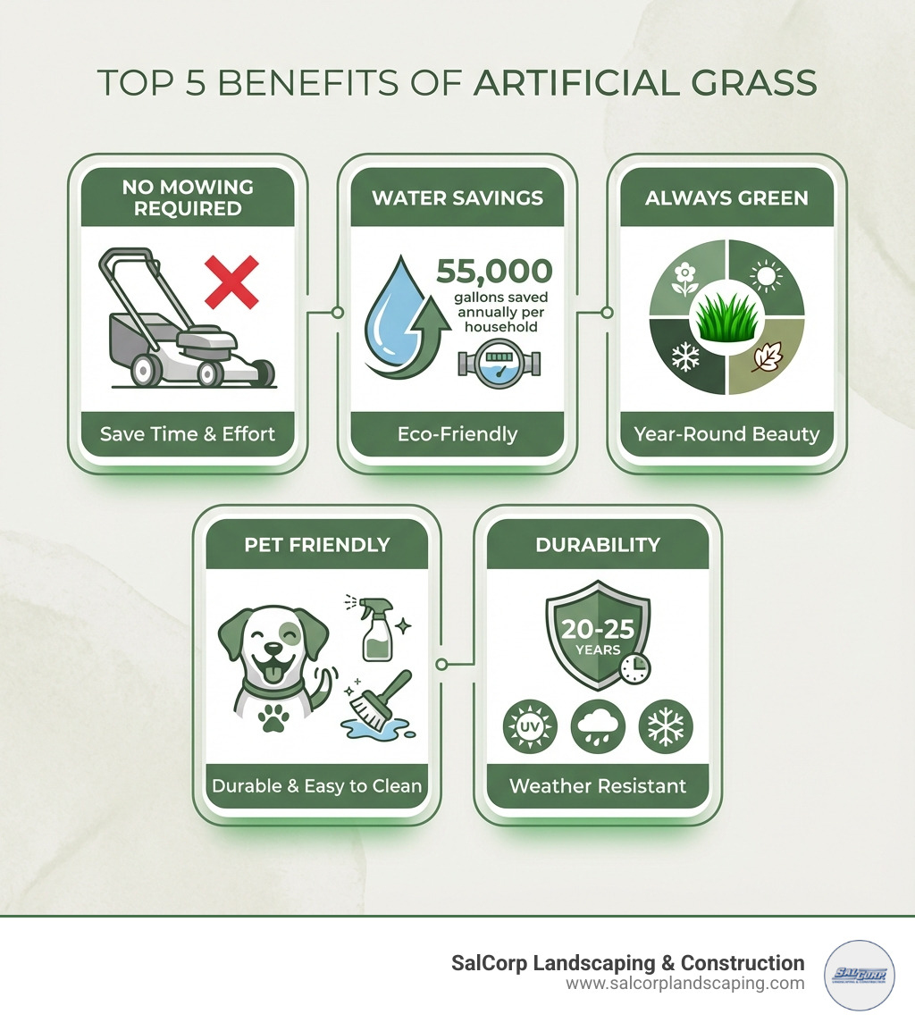 Infographic showing the top 5 benefits of artificial grass: No Mowing Required with a crossed-out lawn mower icon, Water Savings showing 55,000 gallons saved annually per household, Always Green with a calendar showing all four seasons, Pet Friendly with a happy dog icon and easy cleaning symbols, and Durability showing a 20-25 year lifespan with weather resistance icons for sun, rain, and snow - artificial grass Brockton MA infographic 