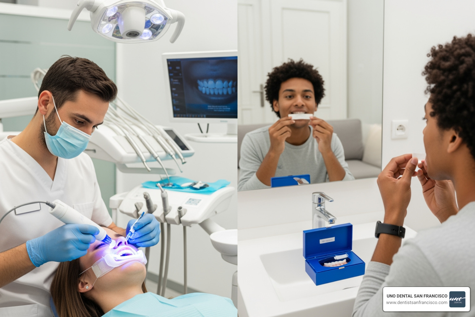 Professional in-office teeth whitening setup with patient and dentist, contrasting with an at-home teeth whitening kit - teeth whitening deals sf Professional in-office teeth whitening setup with patient and dentist, contrasting with an at-home teeth whitening kit - teeth whitening deals sf