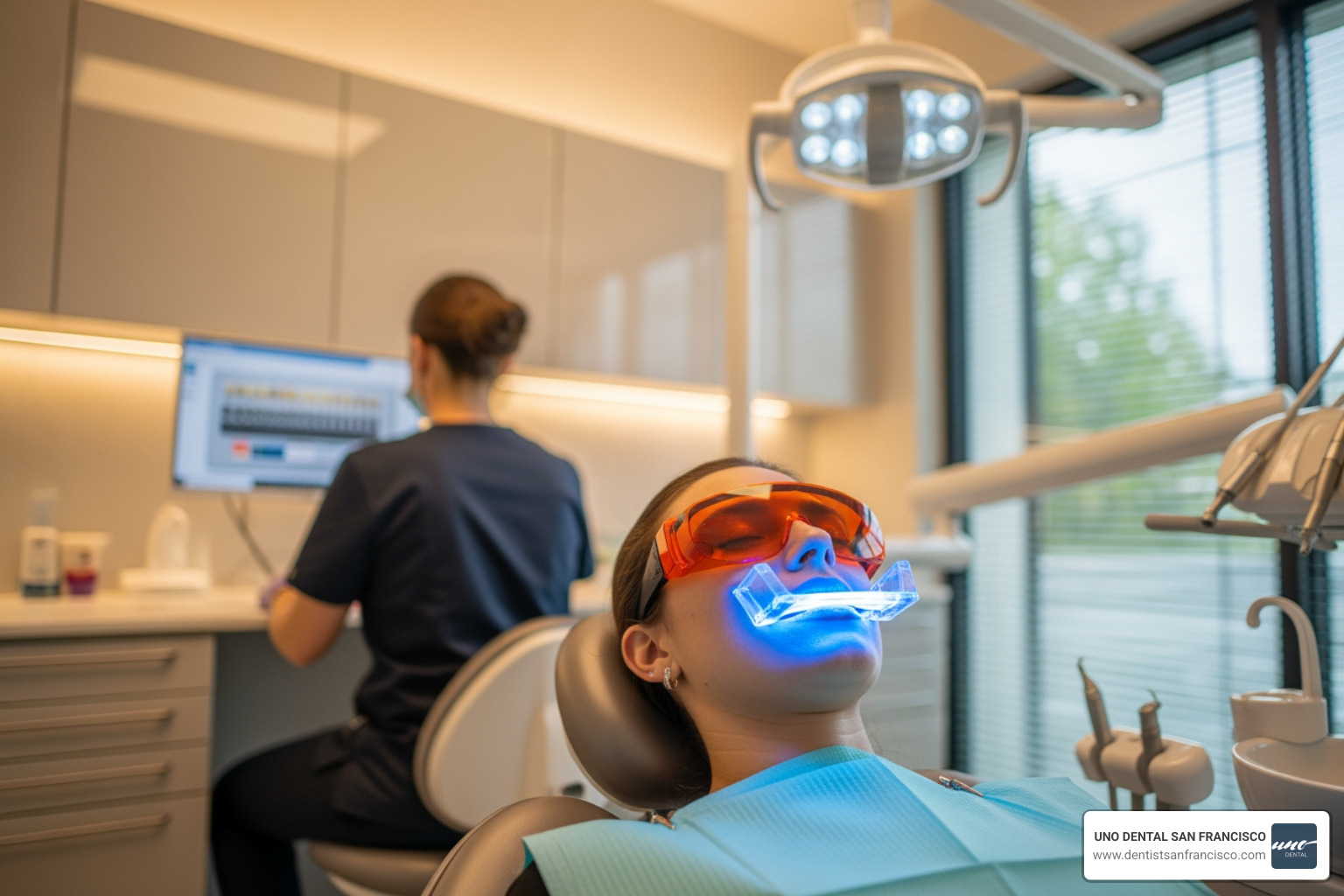 Patient relaxing comfortably in a dental chair during an in-office teeth whitening procedure - teeth whitening deals sf Patient relaxing comfortably in a dental chair during an in-office teeth whitening procedure - teeth whitening deals sf