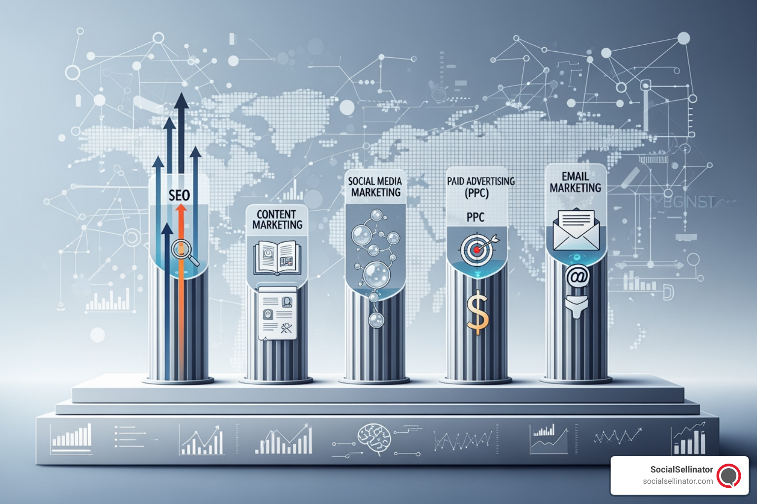 A stylized pillar structure with each pillar labeled SEO, Content, Social Media, PPC, and Email, standing firmly on a base of Data Analytics and Strategy, under a sky of digital connections. - best online marketing