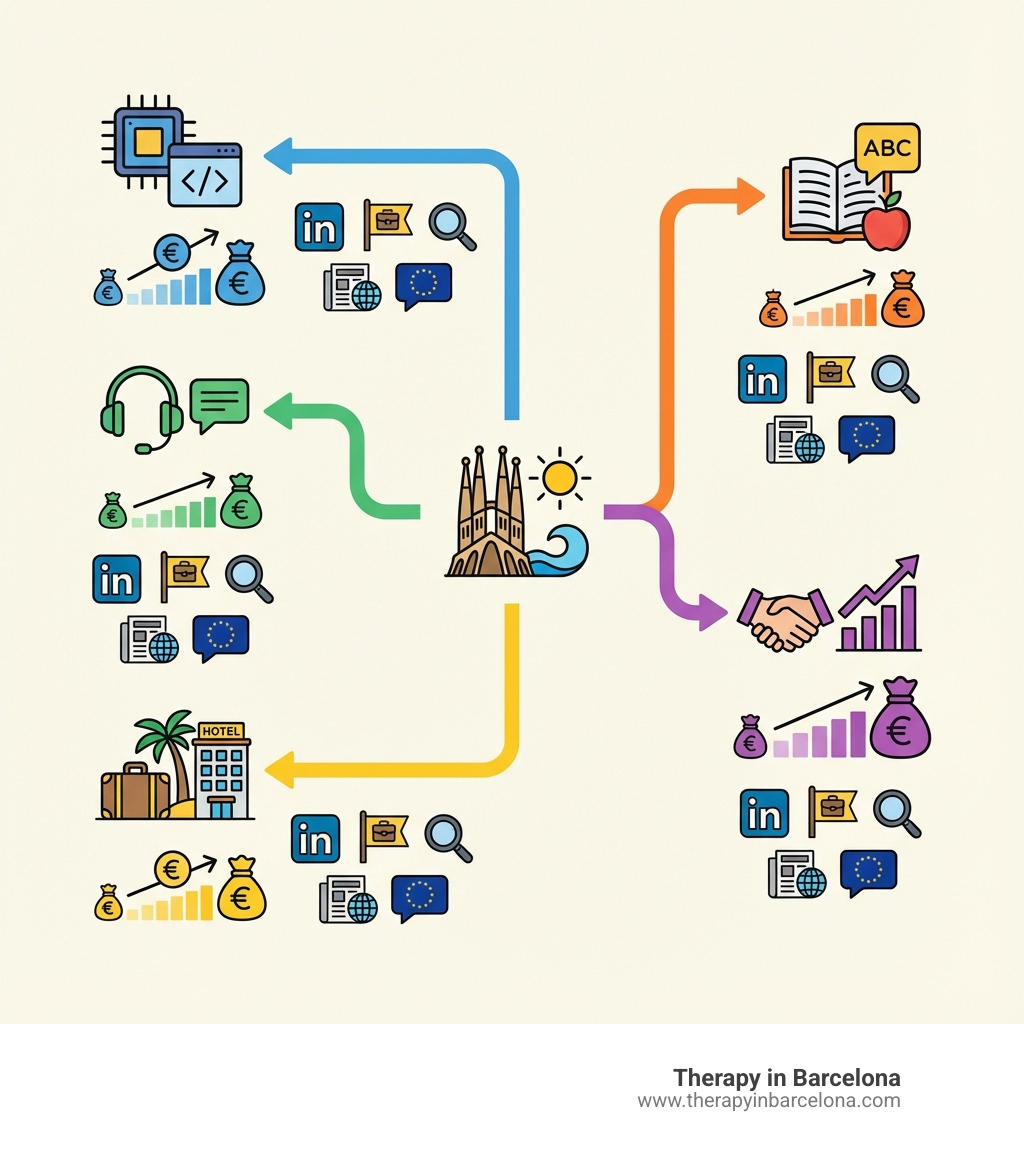 infographic showing top 5 industries for English speakers in Barcelona with salary ranges and job board recommendations - jobs in barcelona spain infographic 