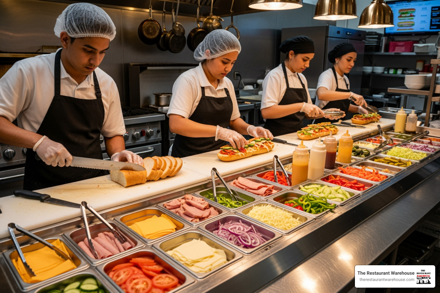 sandwich shop staff preparing food on a mega top prep table - Commercial sandwich prep