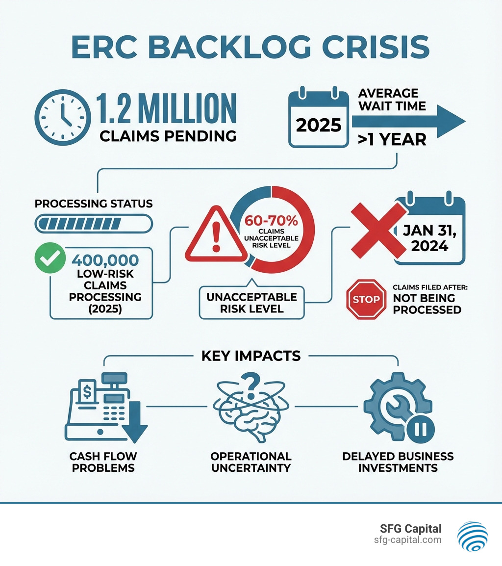Infographic showing the ERC backlog crisis: 1.2 million claims pending, average wait time of over 1 year, 400,000 low-risk claims being processed in 2025, 60-70% of claims labeled as unacceptable risk level, claims filed after January 31 2024 not being processed, and key impacts including cash flow problems, operational uncertainty, and delayed business investments - ERC refund delays infographic 