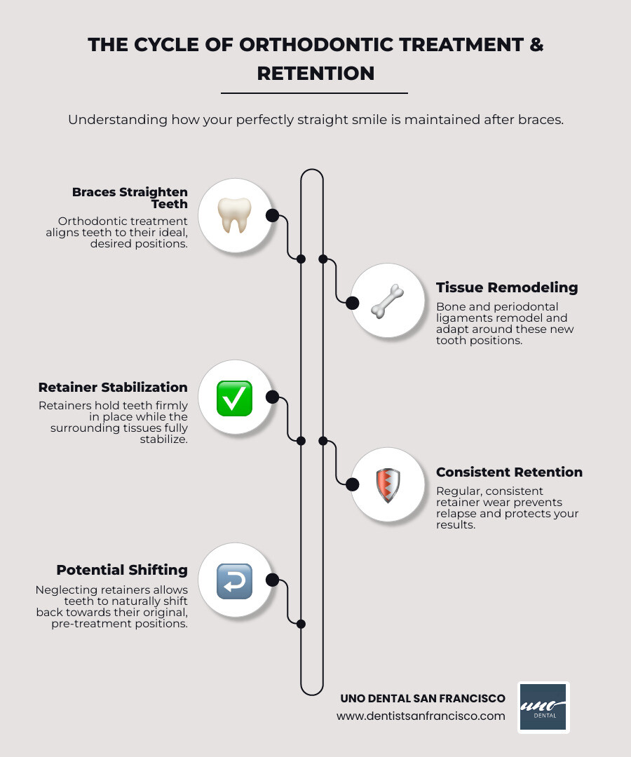 Infographic showing the cycle of orthodontic treatment: braces straighten teeth, bone and ligaments remodel around new positions, retainers hold teeth while tissues stabilize, consistent retention prevents relapse, and neglecting retainers leads to teeth shifting back toward original positions - Teeth shifting after braces infographic infographic-line-5-steps-elegant_beige Infographic showing the cycle of orthodontic treatment: braces straighten teeth, bone and ligaments remodel around new positions, retainers hold teeth while tissues stabilize, consistent retention prevents relapse, and neglecting retainers leads to teeth shifting back toward original positions - Teeth shifting after braces infographic infographic-line-5-steps-elegant_beige
