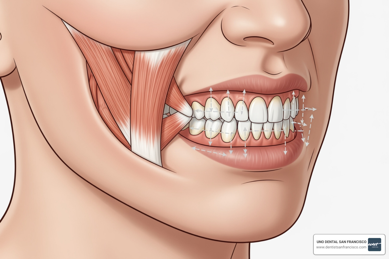 Illustration of a person clenching their jaw, with arrows indicating pressure on teeth from grinding - Teeth shifting after braces Illustration of a person clenching their jaw, with arrows indicating pressure on teeth from grinding - Teeth shifting after braces