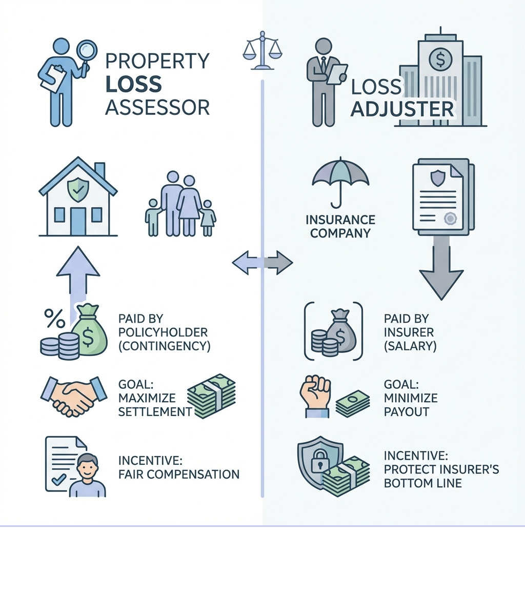 Infographic showing the difference between a property loss assessor and a loss adjuster: Loss Assessor works for the policyholder, paid by the policyholder, goal is to maximize settlement, incentive is fair compensation. Loss Adjuster works for the insurance company, paid by the insurer, goal is to minimize payout, incentive is to protect insurer's bottom line. - Property loss assessor infographic Infographic showing the difference between a property loss assessor and a loss adjuster: Loss Assessor works for the policyholder, paid by the policyholder, goal is to maximize settlement, incentive is fair compensation. Loss Adjuster works for the insurance company, paid by the insurer, goal is to minimize payout, incentive is to protect insurer's bottom line. - Property loss assessor infographic