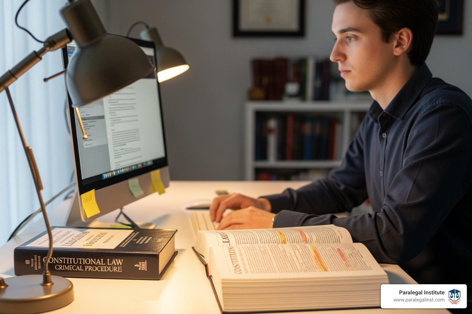 A person sitting at a desk, looking at a computer screen, with a legal textbook open beside them. - paralegal programs near me A person sitting at a desk, looking at a computer screen, with a legal textbook open beside them. - paralegal programs near me