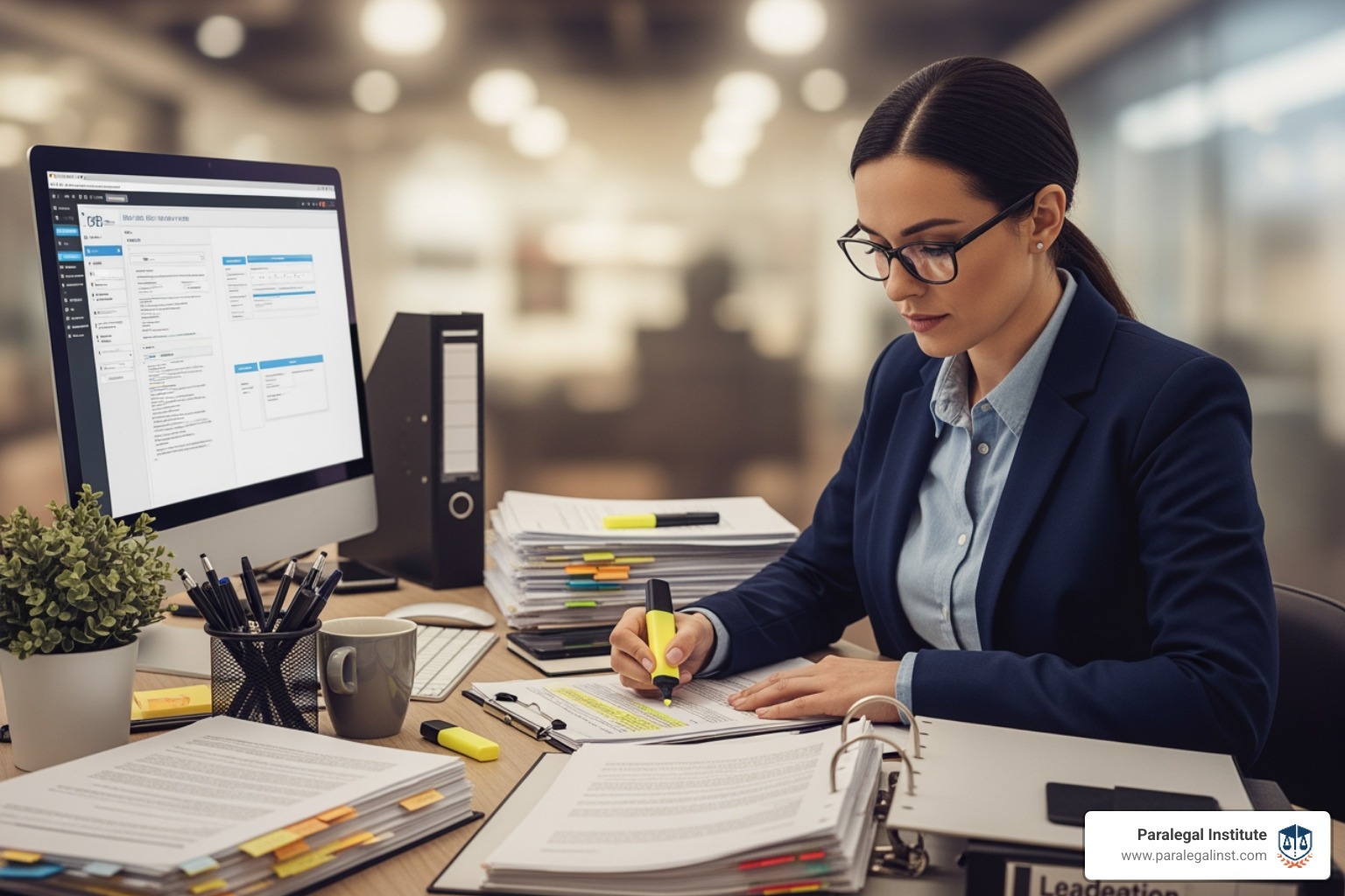A paralegal diligently working at a desk, surrounded by legal documents and a computer, highlighting their role in organizing and managing information. - paralegal programs near me A paralegal diligently working at a desk, surrounded by legal documents and a computer, highlighting their role in organizing and managing information. - paralegal programs near me