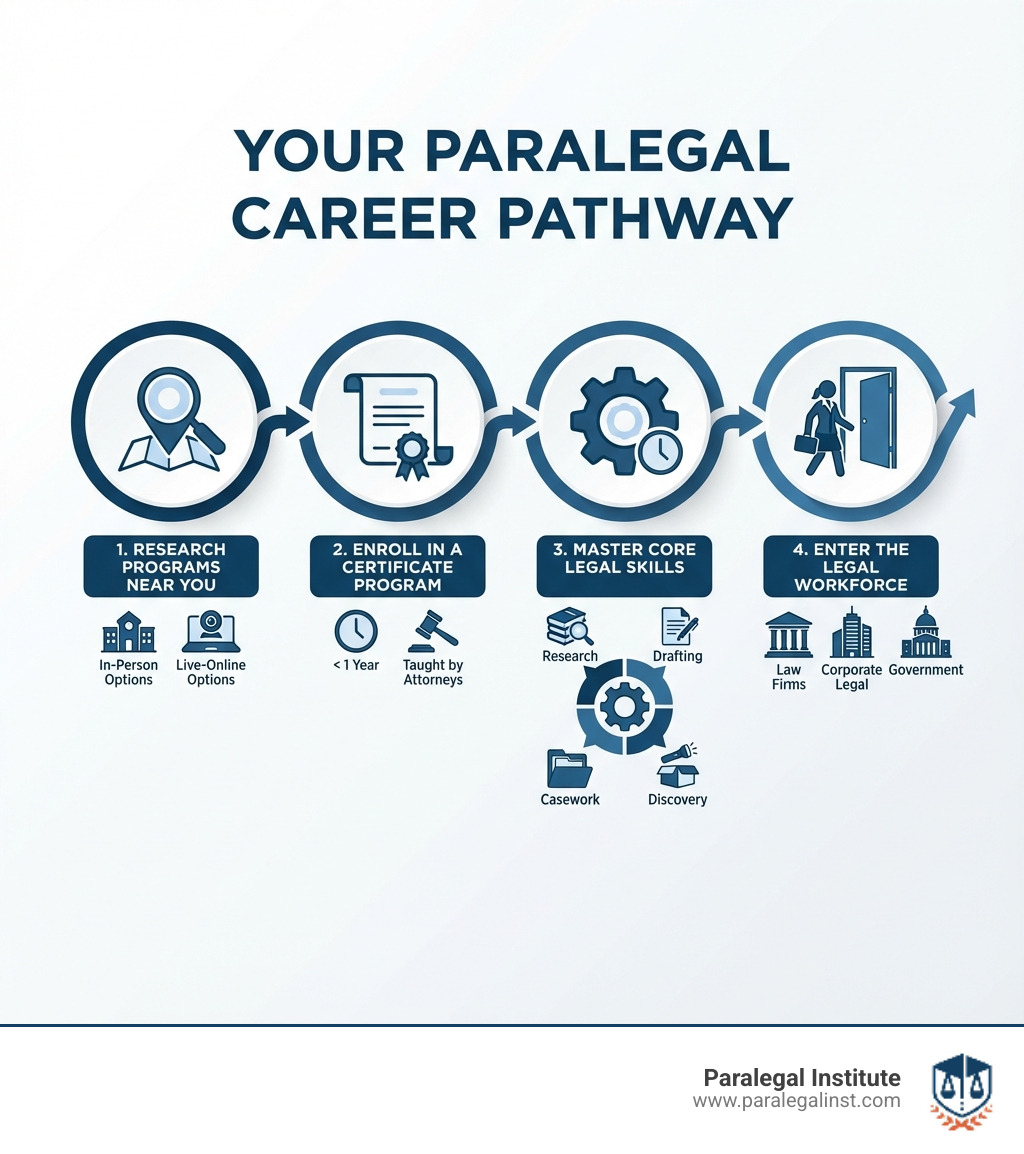 Infographic showing the paralegal career pathway: 1) Research Programs Near You (in-person or live-online options), 2) Enroll in a Paralegal Program (less than 1 year, taught by attorneys), 3) Master Core Legal Skills (research, drafting, casework, discovery), 4) Enter the Legal Workforce (law firms, corporate legal, government) - paralegal programs near me infographic Infographic showing the paralegal career pathway: 1) Research Programs Near You (in-person or live-online options), 2) Enroll in a Paralegal Program (less than 1 year, taught by attorneys), 3) Master Core Legal Skills (research, drafting, casework, discovery), 4) Enter the Legal Workforce (law firms, corporate legal, government) - paralegal programs near me infographic