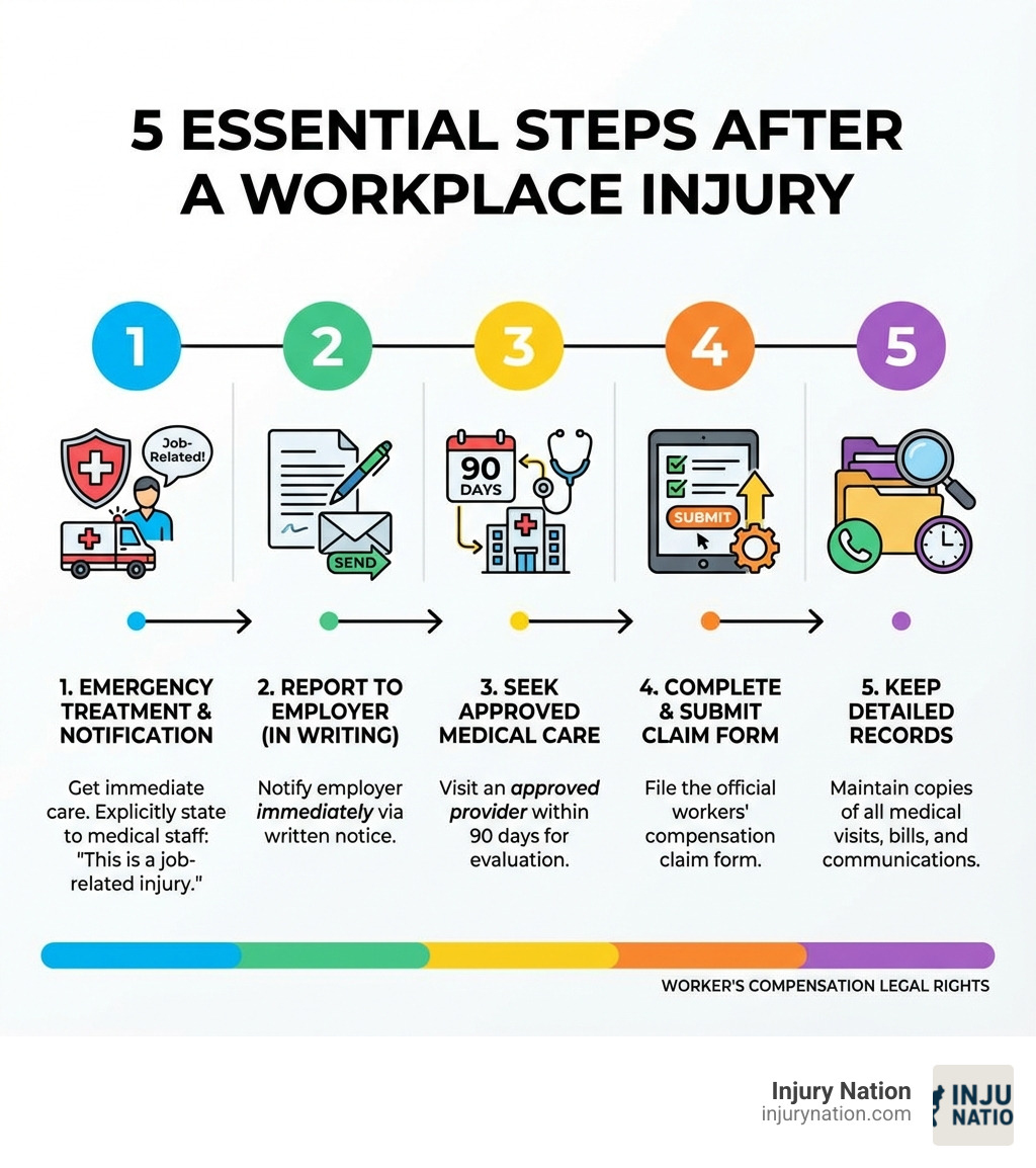 infographic showing 5 steps after workplace injury: 1. Get emergency treatment if needed and tell medical staff injury is job-related, 2. Report injury to employer immediately in writing, 3. Seek medical care within 90 days from approved provider, 4. Complete and submit claim form, 5. Keep detailed records of all medical visits and communications - Worker’s compensation legal infographic 