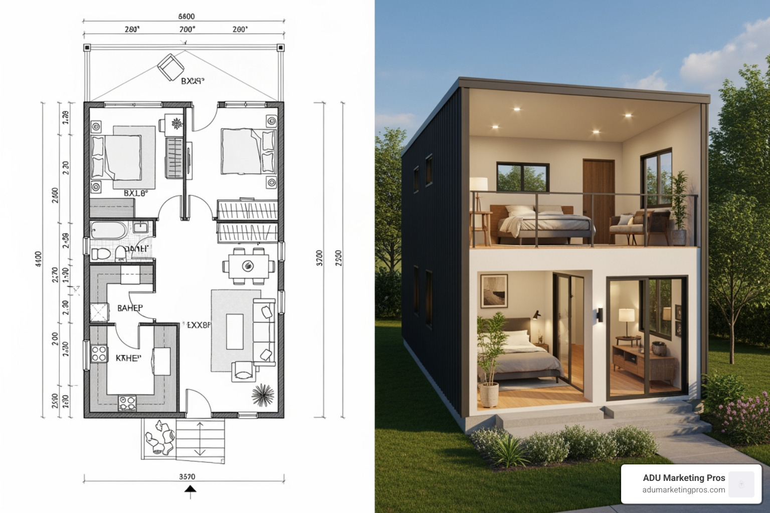 2D floor plan and 3D rendering comparison - ADU website design