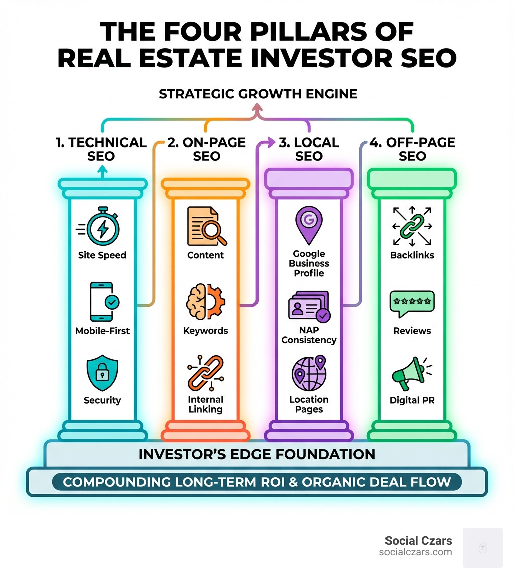 Infographic showing the four pillars of real estate investor SEO: Technical SEO (site speed, mobile-first, security), On-Page SEO (content, keywords, internal linking), Local SEO (Google Business Profile, NAP consistency, location pages), and Off-Page SEO (backlinks, reviews, digital PR) - seo for real estate investors infographic 