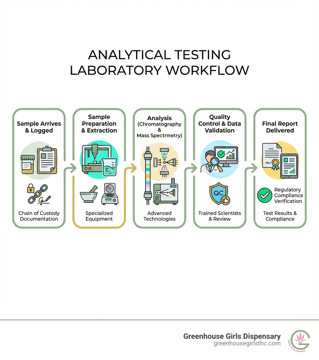 Infographic showing analytical testing laboratory workflow: Sample arrives at lab and is logged with Chain of Custody documentation, Sample preparation and extraction using specialized equipment, Analysis using technologies like chromatography and mass spectrometry, Quality control review and data validation by trained scientists, Final report delivered with test results and regulatory compliance verification - analytical testing laboratory infographic 