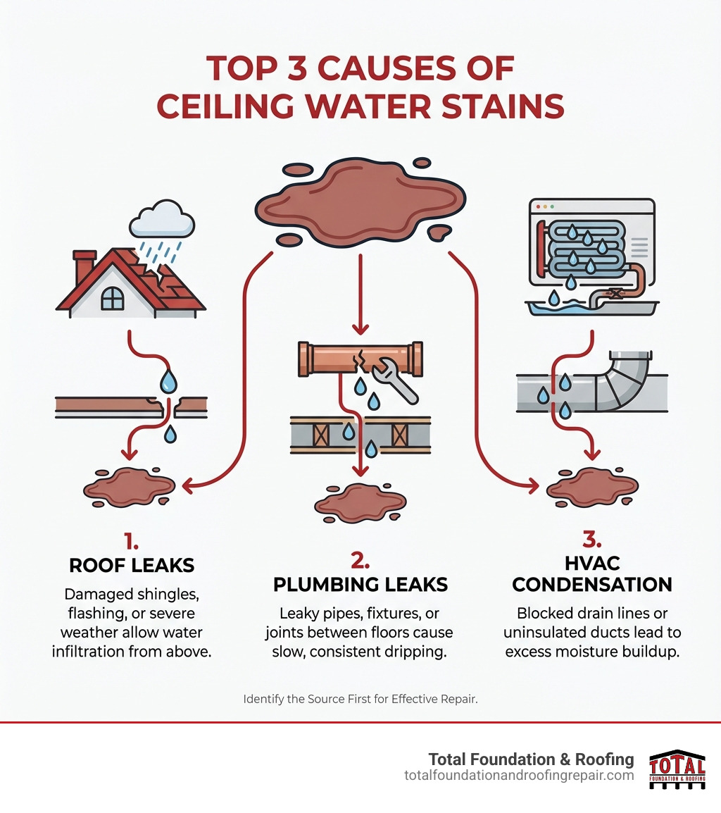 explaining the top 3 causes of ceiling water stains: roof leaks, plumbing leaks, and HVAC condensation. - Ceiling water stain repair infographic explaining the top 3 causes of ceiling water stains: roof leaks, plumbing leaks, and HVAC condensation. - Ceiling water stain repair infographic
