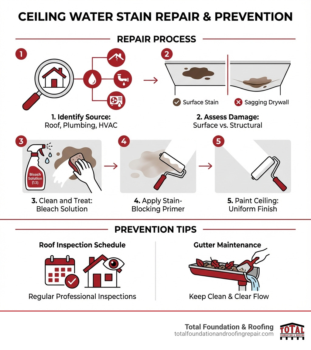infographic showing ceiling water stain repair process: 1) identify source with icons for roof, plumbing, hvac; 2) assess damage showing surface stain vs sagging drywall; 3) clean and treat with bleach solution; 4) apply stain-blocking primer; 5) paint ceiling; plus prevention tips including roof inspection schedule and gutter maintenance - Ceiling water stain repair infographic infographic showing ceiling water stain repair process: 1) identify source with icons for roof, plumbing, hvac; 2) assess damage showing surface stain vs sagging drywall; 3) clean and treat with bleach solution; 4) apply stain-blocking primer; 5) paint ceiling; plus prevention tips including roof inspection schedule and gutter maintenance - Ceiling water stain repair infographic