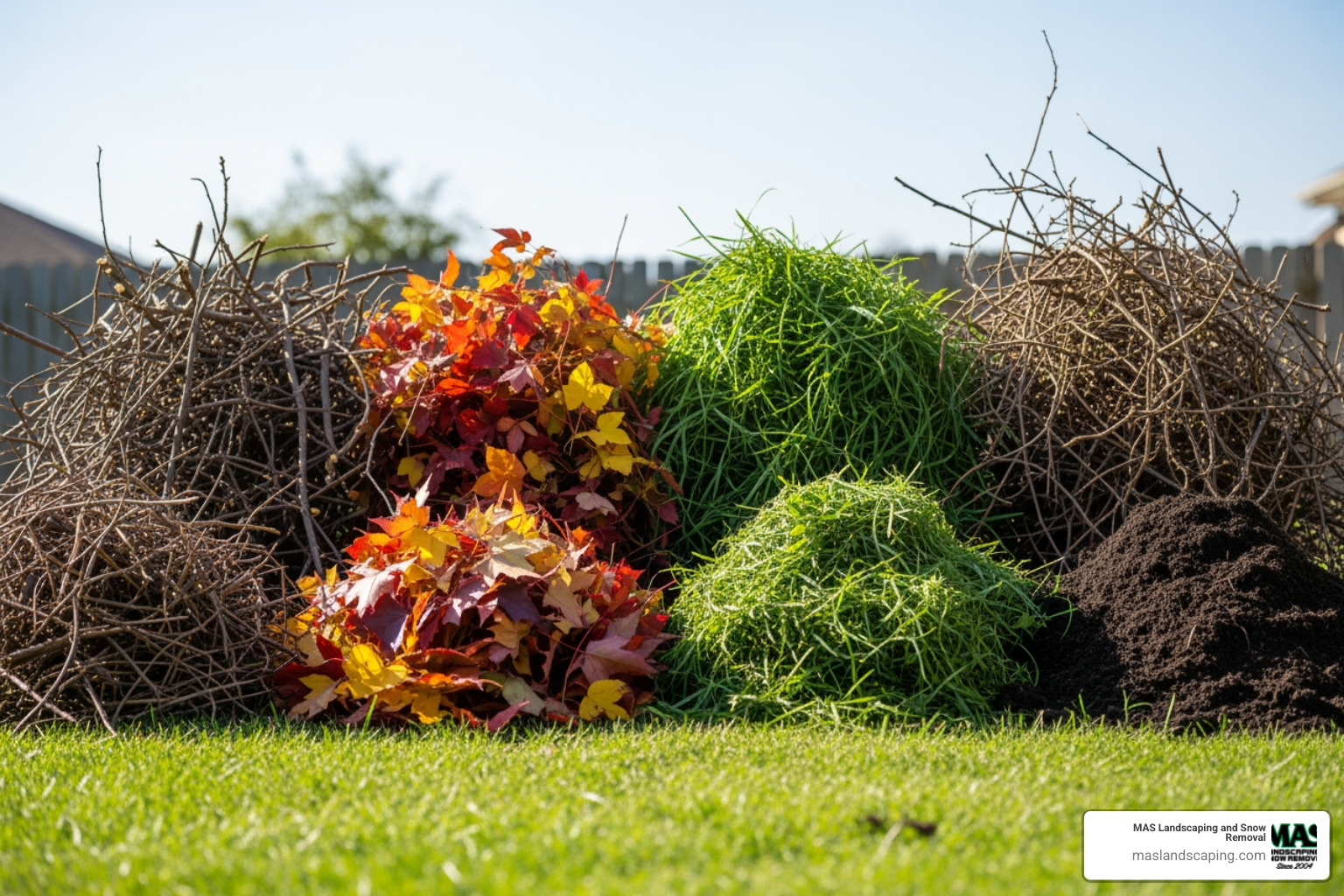 different types of yard waste separated into piles: branches, leaves, grass clippings, soil - brush and debris removal different types of yard waste separated into piles: branches, leaves, grass clippings, soil - brush and debris removal