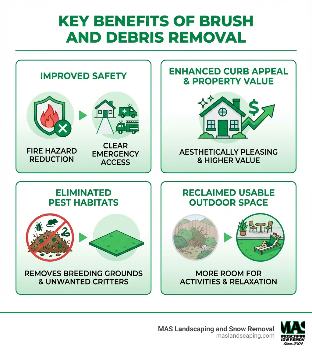 infographic showing key benefits of brush and debris removal: improved safety through fire hazard reduction and clear emergency access, enhanced curb appeal and property value, eliminated pest habitats, and reclaimed usable outdoor space - brush and debris removal infographic infographic showing key benefits of brush and debris removal: improved safety through fire hazard reduction and clear emergency access, enhanced curb appeal and property value, eliminated pest habitats, and reclaimed usable outdoor space - brush and debris removal infographic