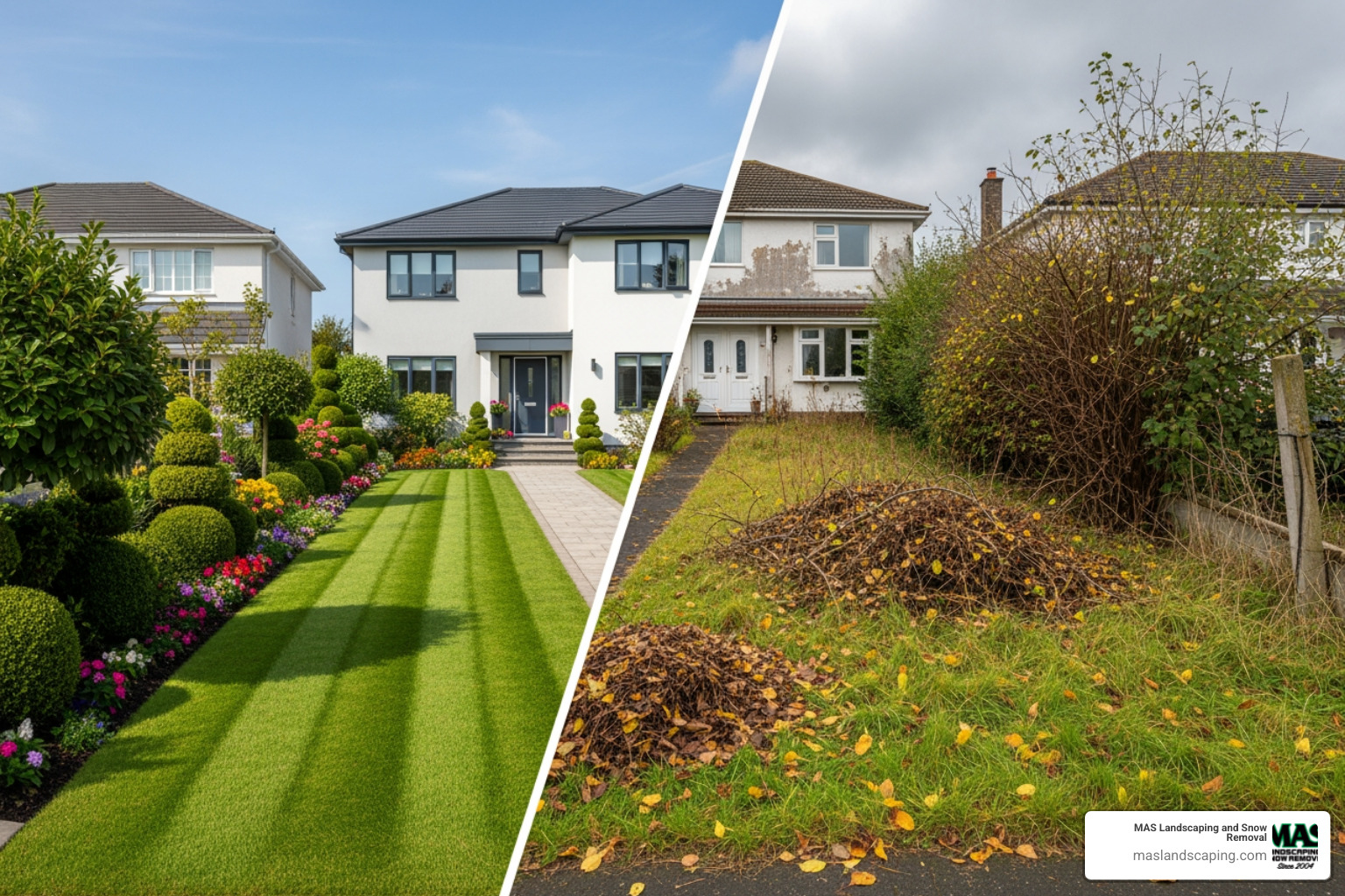 neat, clean yard next to a cluttered one for comparison - brush and debris removal neat, clean yard next to a cluttered one for comparison - brush and debris removal