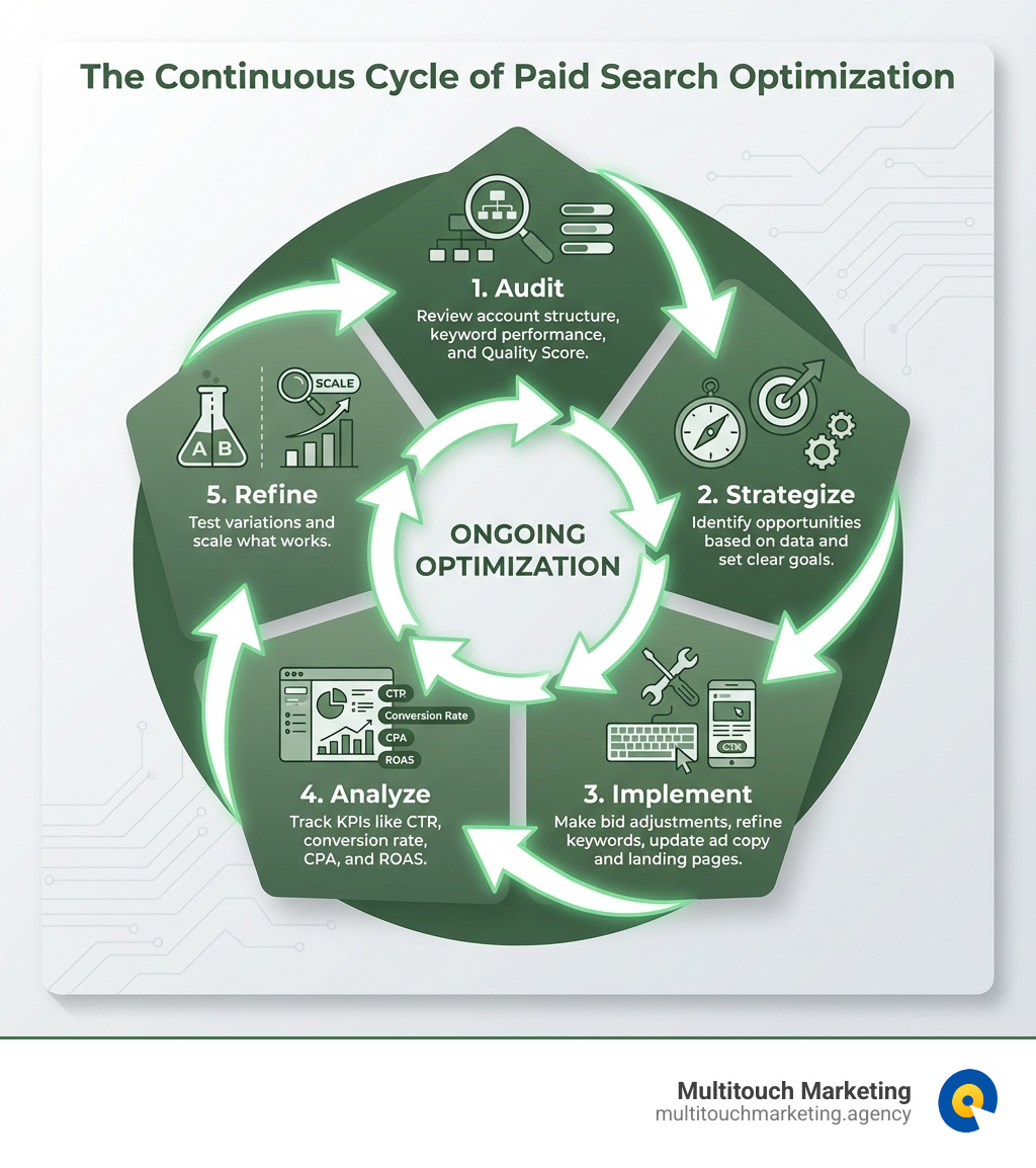 Infographic showing the continuous cycle of paid search optimization with five connected stages: 1) Audit - Review account structure, keyword performance, and Quality Score; 2) Strategize - Identify opportunities based on data and set clear goals; 3) Implement - Make bid adjustments, refine keywords, update ad copy and landing pages; 4) Analyze - Track KPIs like CTR, conversion rate, CPA, and ROAS; 5) Refine - Test variations and scale what works. Arrows connect each stage in a circular flow to demonstrate the ongoing nature of optimization. - Paid search optimization infographic Infographic showing the continuous cycle of paid search optimization with five connected stages: 1) Audit - Review account structure, keyword performance, and Quality Score; 2) Strategize - Identify opportunities based on data and set clear goals; 3) Implement - Make bid adjustments, refine keywords, update ad copy and landing pages; 4) Analyze - Track KPIs like CTR, conversion rate, CPA, and ROAS; 5) Refine - Test variations and scale what works. Arrows connect each stage in a circular flow to demonstrate the ongoing nature of optimization. - Paid search optimization infographic