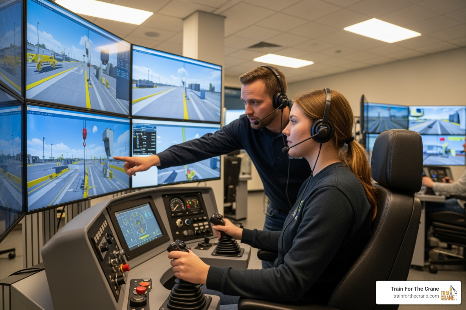 instructor guiding student on crane simulator - tower crane operator training near me