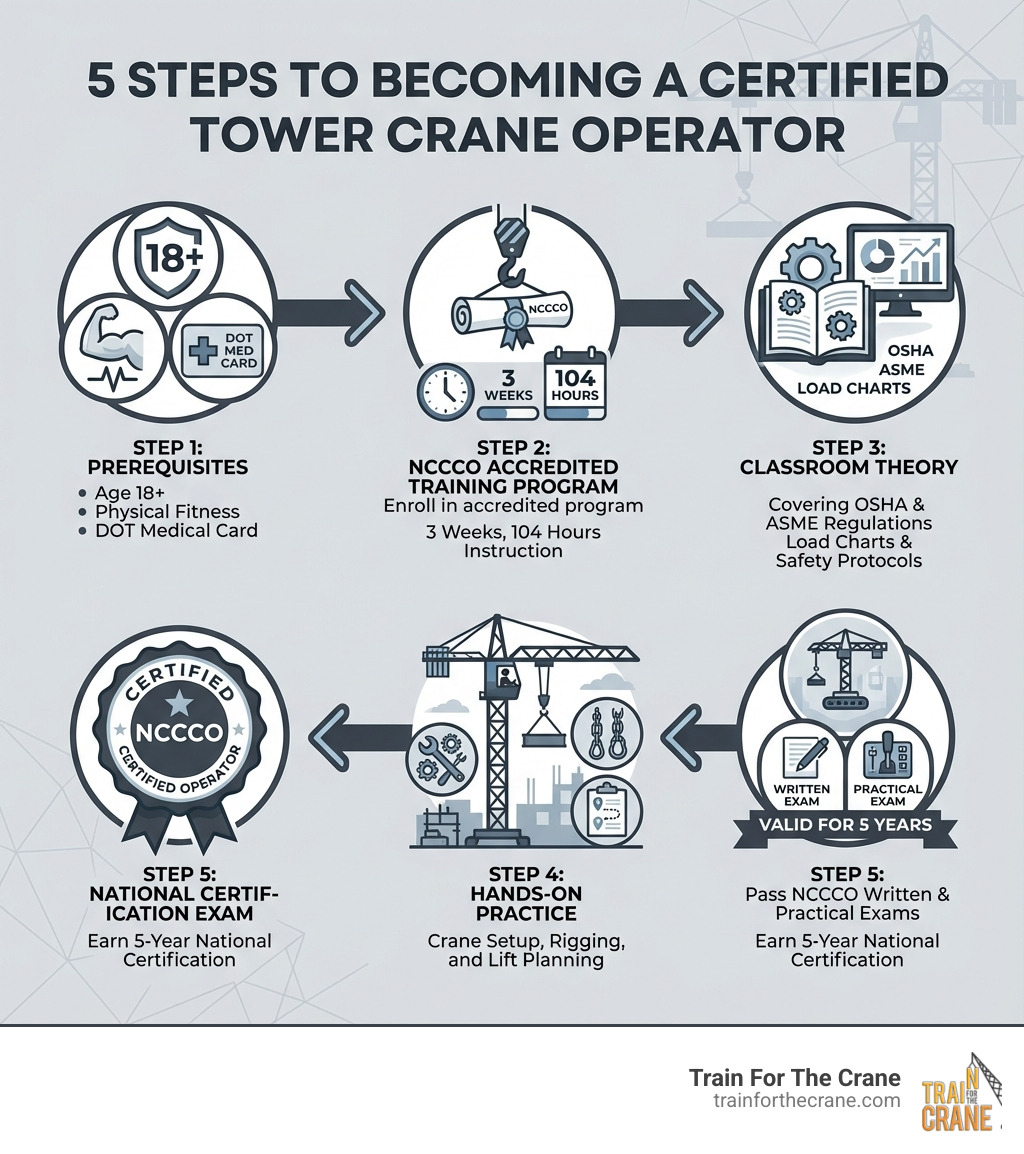 Infographic showing 5 steps to becoming a certified tower crane operator: Step 1 - Meet prerequisites including age 18+, physical fitness, and DOT medical card. Step 2 - Enroll in accredited NCCCO training program with 3 weeks and 104 hours of instruction. Step 3 - Complete classroom theory covering OSHA regulations, ASME standards, and load charts. Step 4 - Practice hands-on training with crane setup, rigging, and lift planning. Step 5 - Pass NCCCO written and practical exams to earn national certification valid for 5 years. - tower crane operator training near me infographic 