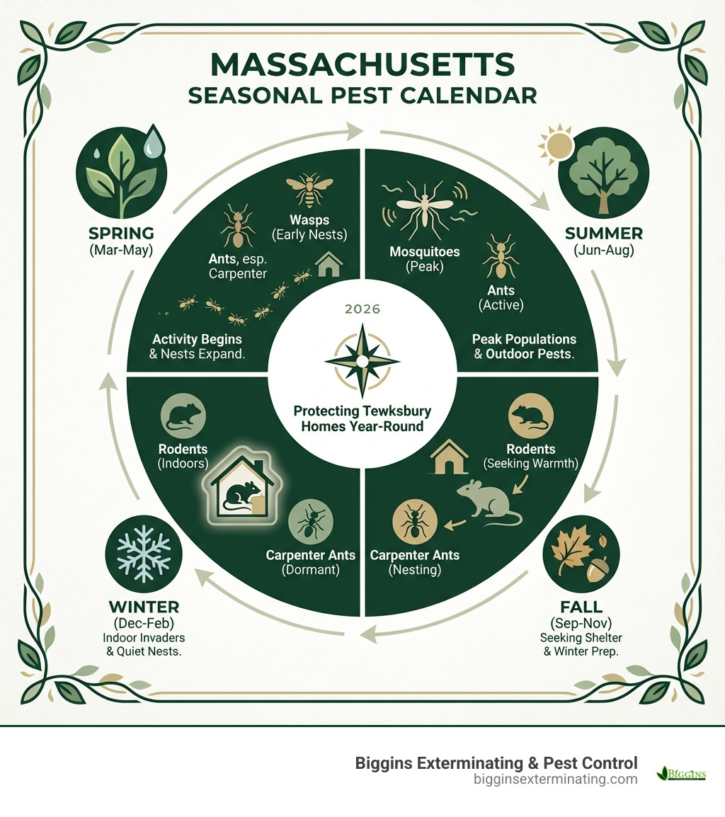 Infographic explaining the seasonal pest calendar in Massachusetts - ant exterminator in Tewksbury MA infographic 