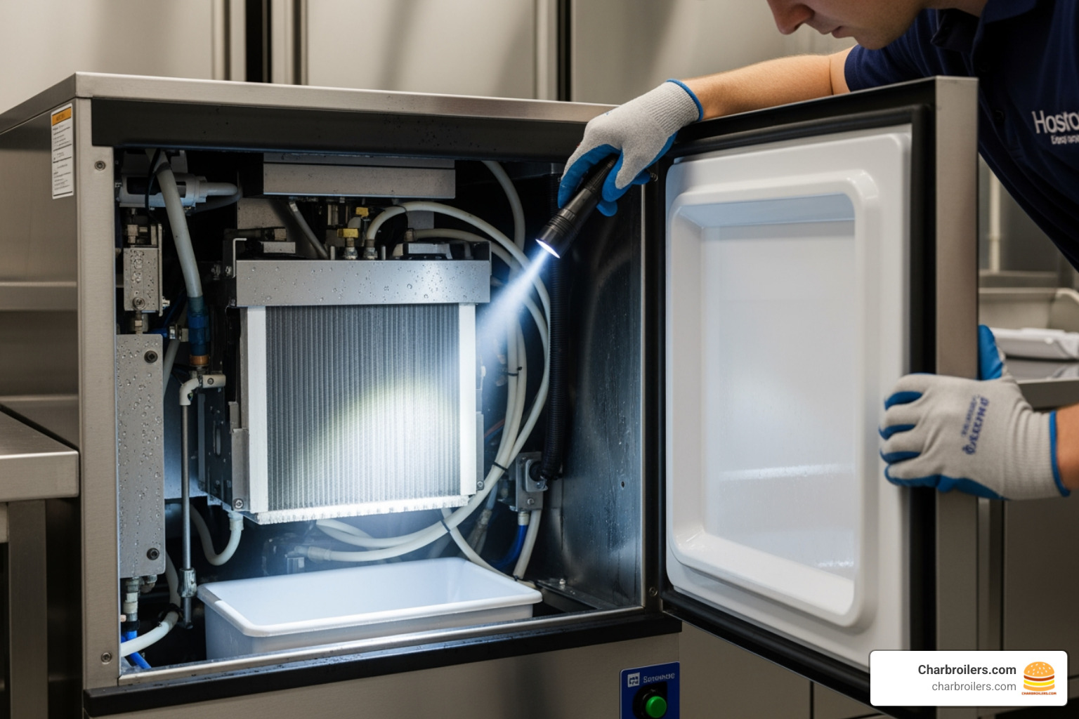 person inspecting the inside of an ice machine with a flashlight - restaurant ice maker used person inspecting the inside of an ice machine with a flashlight - restaurant ice maker used