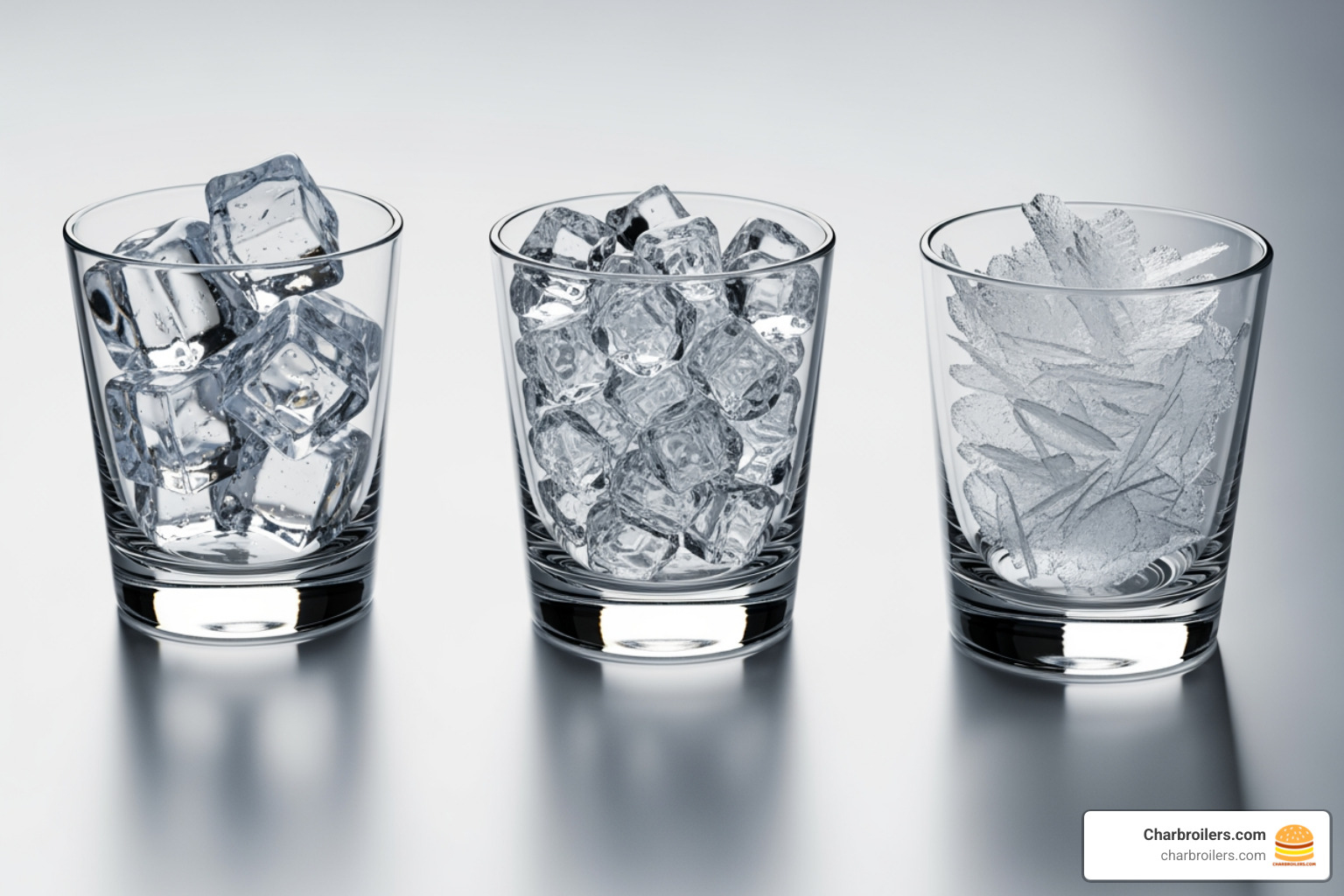 ice types like full cube, nugget, and flake in glasses - restaurant ice maker used ice types like full cube, nugget, and flake in glasses - restaurant ice maker used