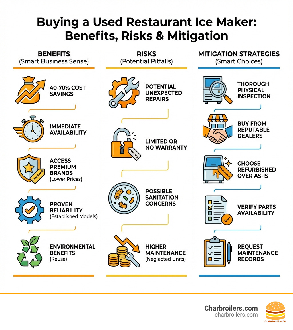 Infographic showing the benefits and risks of buying a used restaurant ice maker: Benefits include 40-70% cost savings, immediate availability, access to premium brands at lower prices, proven reliability of established models, and environmental benefits of reusing equipment. Risks include potential for unexpected repairs, limited or no warranty coverage, possible sanitation concerns, and higher maintenance costs for neglected units. Mitigation strategies include thorough physical inspection, buying from reputable dealers, choosing refurbished over as-is units, verifying parts availability, and requesting maintenance records. - restaurant ice maker used infographic Infographic showing the benefits and risks of buying a used restaurant ice maker: Benefits include 40-70% cost savings, immediate availability, access to premium brands at lower prices, proven reliability of established models, and environmental benefits of reusing equipment. Risks include potential for unexpected repairs, limited or no warranty coverage, possible sanitation concerns, and higher maintenance costs for neglected units. Mitigation strategies include thorough physical inspection, buying from reputable dealers, choosing refurbished over as-is units, verifying parts availability, and requesting maintenance records. - restaurant ice maker used infographic