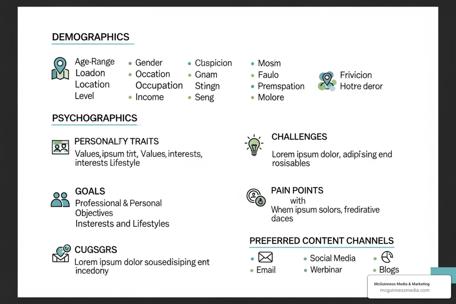 A detailed buyer persona template with sections for demographics, psychographics, goals, challenges, pain points, and preferred content channels - data driven content A detailed buyer persona template with sections for demographics, psychographics, goals, challenges, pain points, and preferred content channels - data driven content