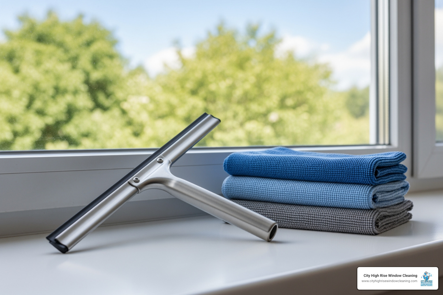High-quality squeegee and microfiber cloths on a windowsill - Eco friendly window cleaning High-quality squeegee and microfiber cloths on a windowsill - Eco friendly window cleaning