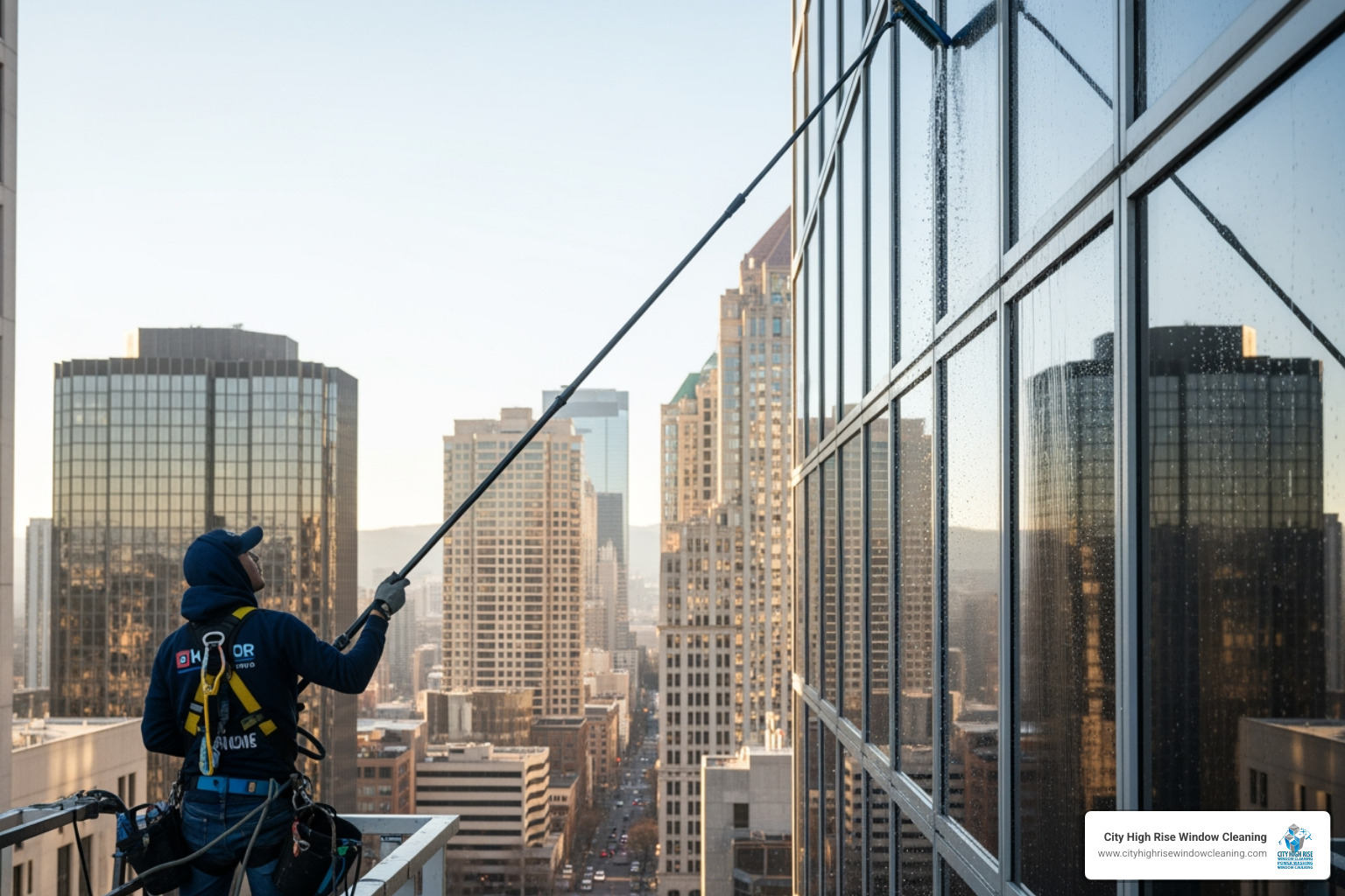 Water-fed pole system cleaning high-rise windows - Eco friendly window cleaning Water-fed pole system cleaning high-rise windows - Eco friendly window cleaning
