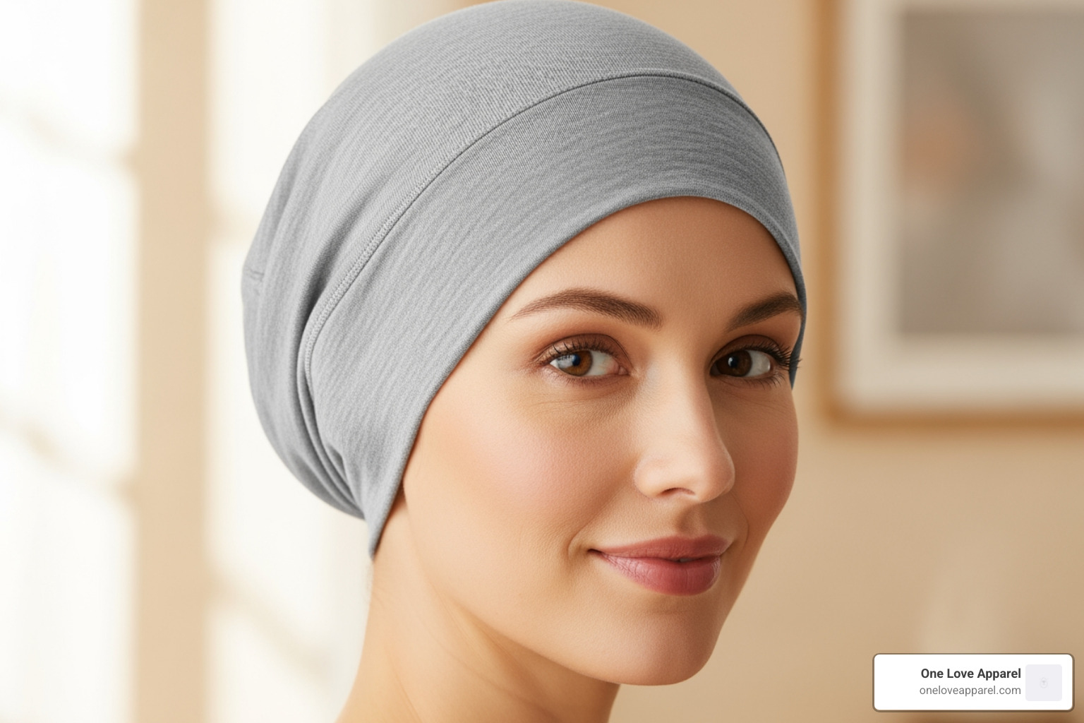 woman wearing comfortable chemo hat - comfortable chemo hats