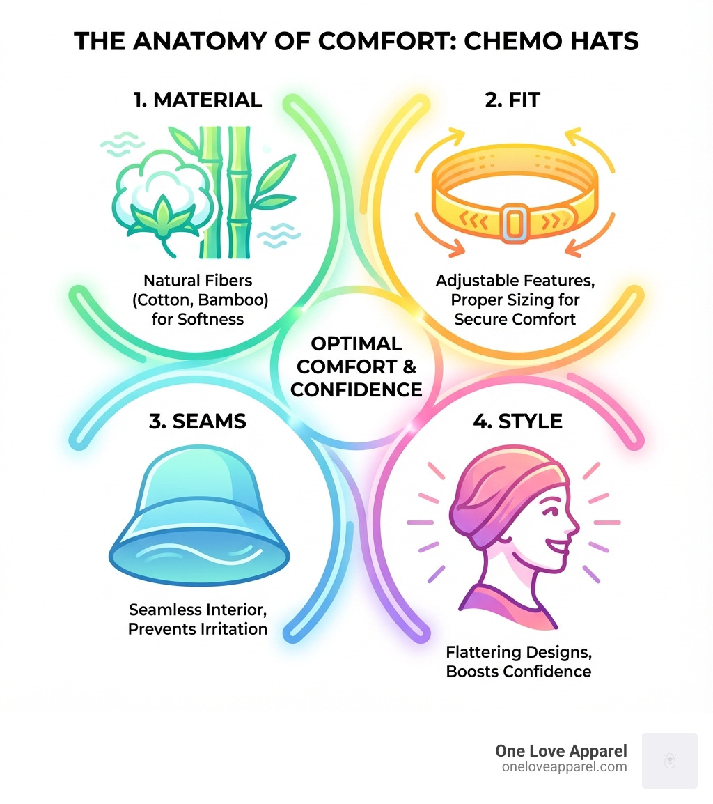 infographic showing four key factors for comfortable chemo hats: Material (natural fibers like cotton and bamboo for softness), Fit (adjustable features and proper sizing for secure comfort), Seams (seamless interior construction to prevent irritation), and Style (flattering designs that boost confidence) - comfortable chemo hats infographic 