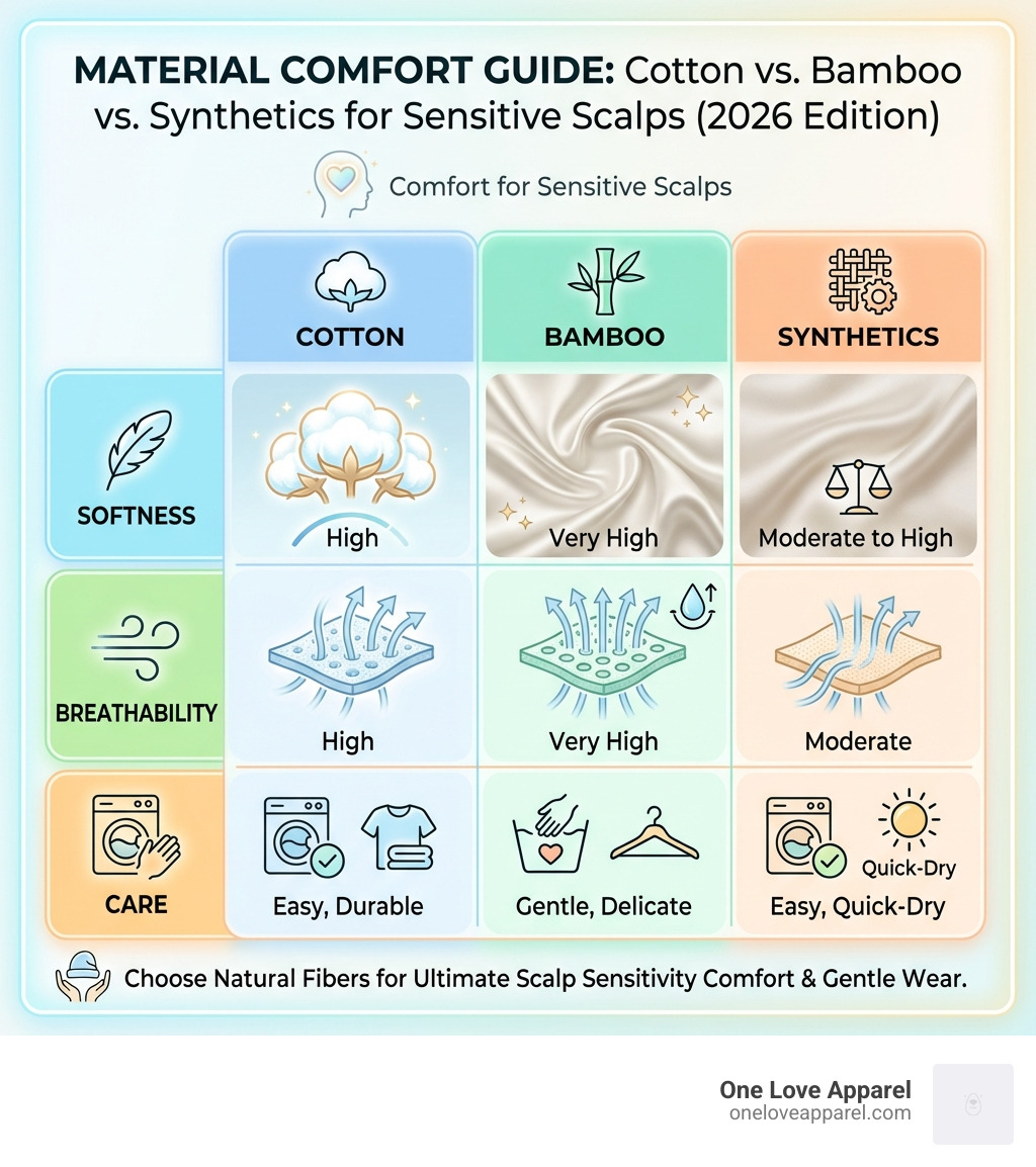 TABLE comparing materials: Cotton vs. Bamboo vs. Synthetics on softness, breathability, and care - comfortable chemo hats infographic 