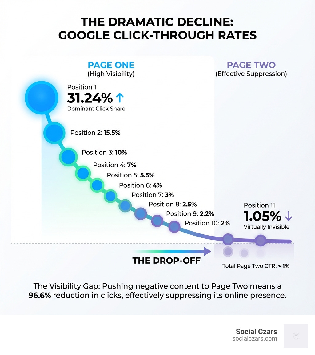 infographic showing dramatic decline in click-through rates from Google position 1 at 31.24% down to position 11 at 1.05%, illustrating why page two is effective suppression - negative content suppression infographic 
