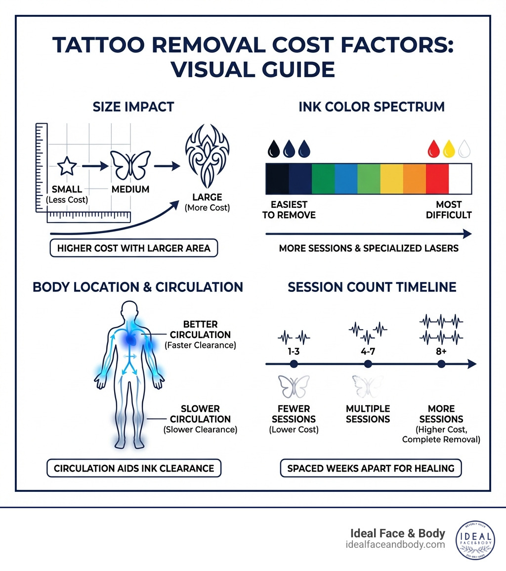 infographic showing key factors affecting tattoo removal cost including size measurement grid, color spectrum of inks from easy to difficult removal, body location diagram with circulation indicators, and session count timeline - how much remove tattoo infographic infographic showing key factors affecting tattoo removal cost including size measurement grid, color spectrum of inks from easy to difficult removal, body location diagram with circulation indicators, and session count timeline - how much remove tattoo infographic