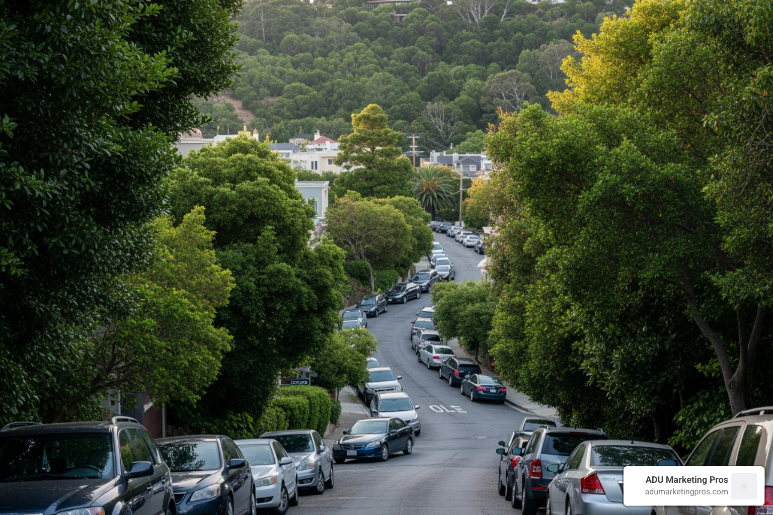 Winding street in Berkeley Hills with parked cars - parking requirement adu berkeley