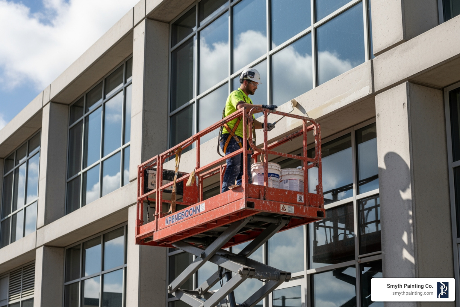Painter wearing proper safety gear on a scissor lift - Commercial painters RI Painter wearing proper safety gear on a scissor lift - Commercial painters RI