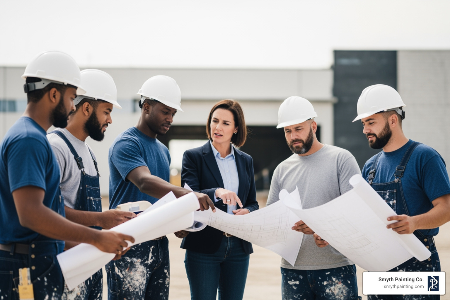 Commercial painting crew reviewing blueprints on-site with property manager - Commercial painters RI Commercial painting crew reviewing blueprints on-site with property manager - Commercial painters RI
