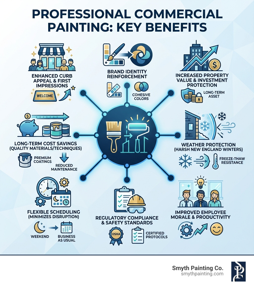 Infographic showing the key benefits of professional commercial painting: Enhanced curb appeal and first impressions, Brand identity reinforcement through cohesive color schemes, Increased property value and investment protection, Weather protection from harsh New England winters, Improved employee morale and productivity, Regulatory compliance and safety standards, Flexible scheduling to minimize business disruption, Long-term cost savings through quality materials and techniques - Commercial painters RI infographic Infographic showing the key benefits of professional commercial painting: Enhanced curb appeal and first impressions, Brand identity reinforcement through cohesive color schemes, Increased property value and investment protection, Weather protection from harsh New England winters, Improved employee morale and productivity, Regulatory compliance and safety standards, Flexible scheduling to minimize business disruption, Long-term cost savings through quality materials and techniques - Commercial painters RI infographic