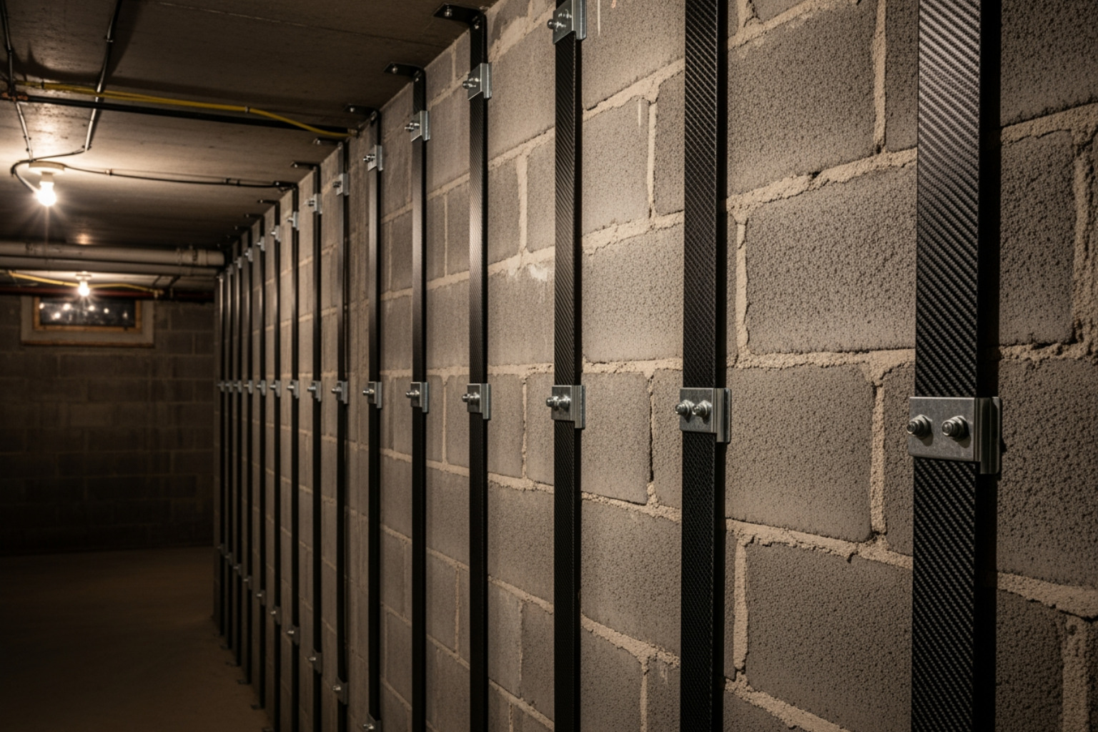 carbon fiber straps installed neatly on an unfinished basement wall - basement wall reinforcement carbon fiber straps installed neatly on an unfinished basement wall - basement wall reinforcement