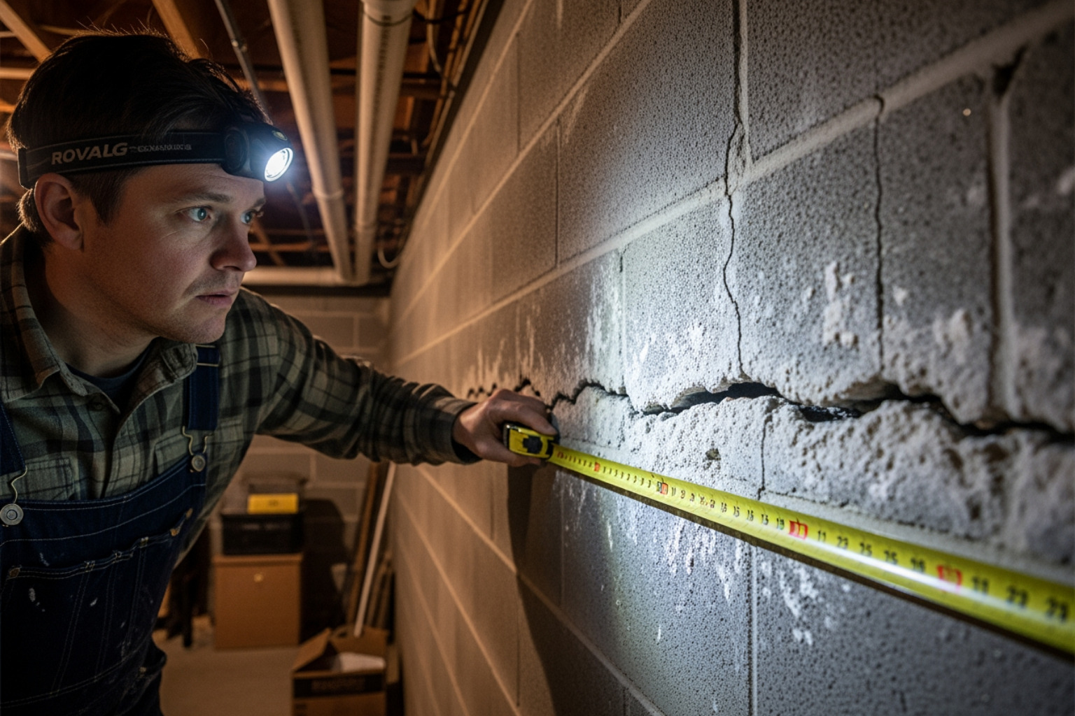 homeowner inspecting a long horizontal crack in a concrete block wall - basement wall reinforcement homeowner inspecting a long horizontal crack in a concrete block wall - basement wall reinforcement