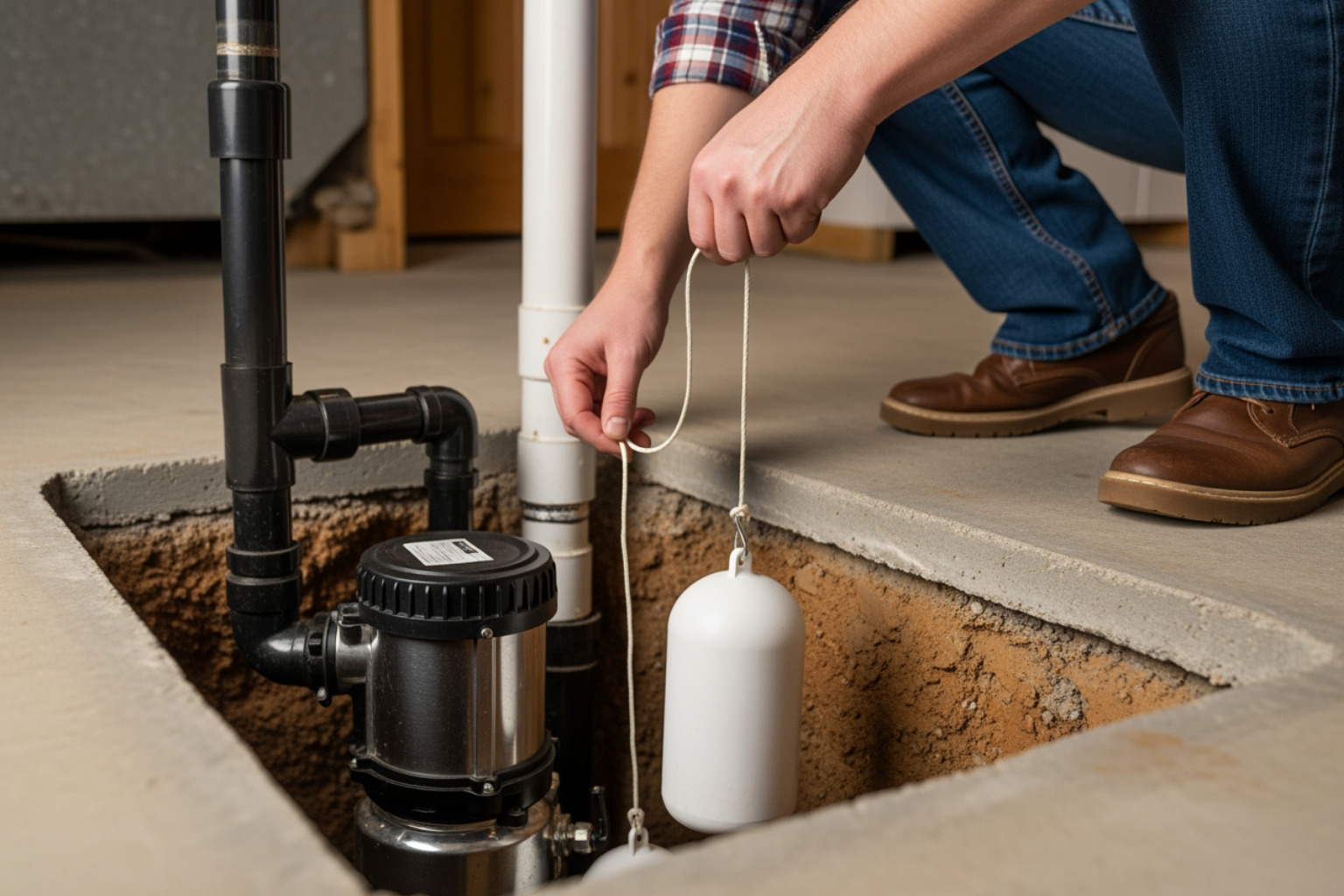 Homeowner testing backup pump float switch - connect battery to sump pump